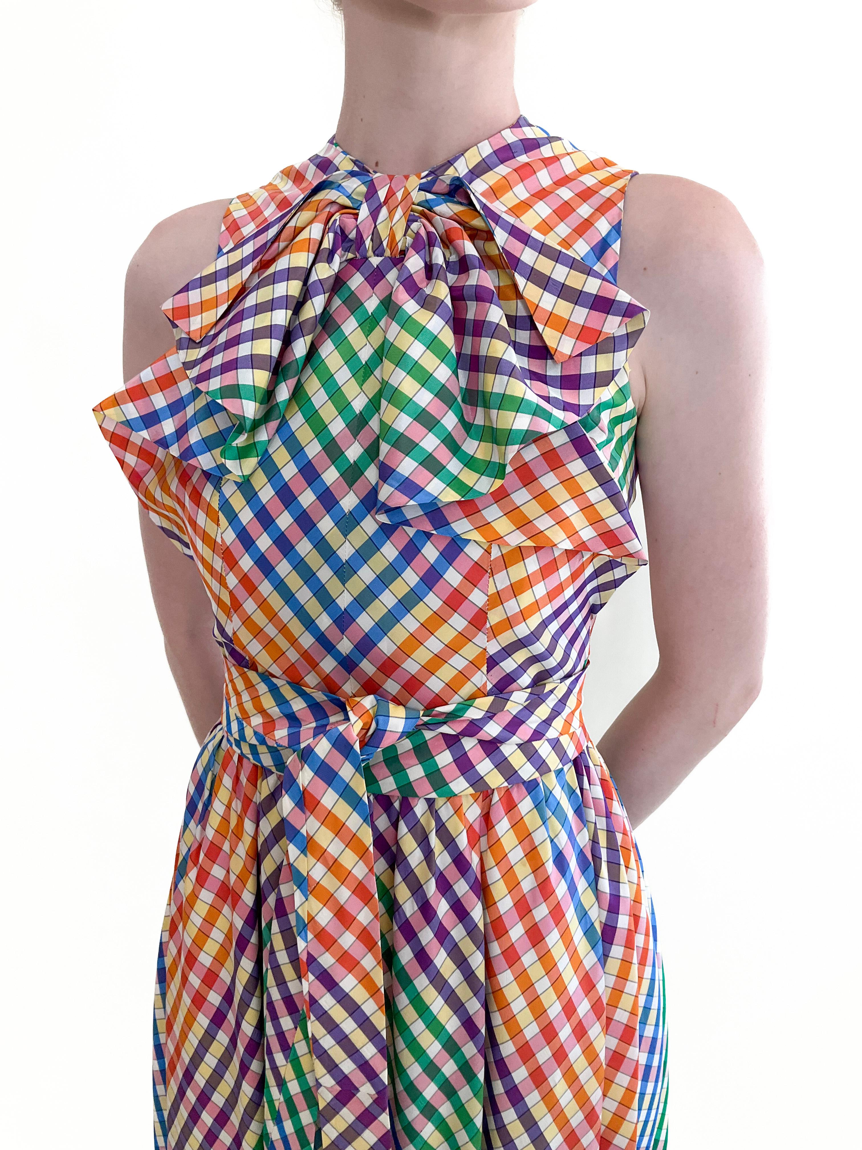 Geoffrey Beene 1970s Rainbow Plaid Dress With Bow Neckline In Excellent Condition In Los Angeles, CA