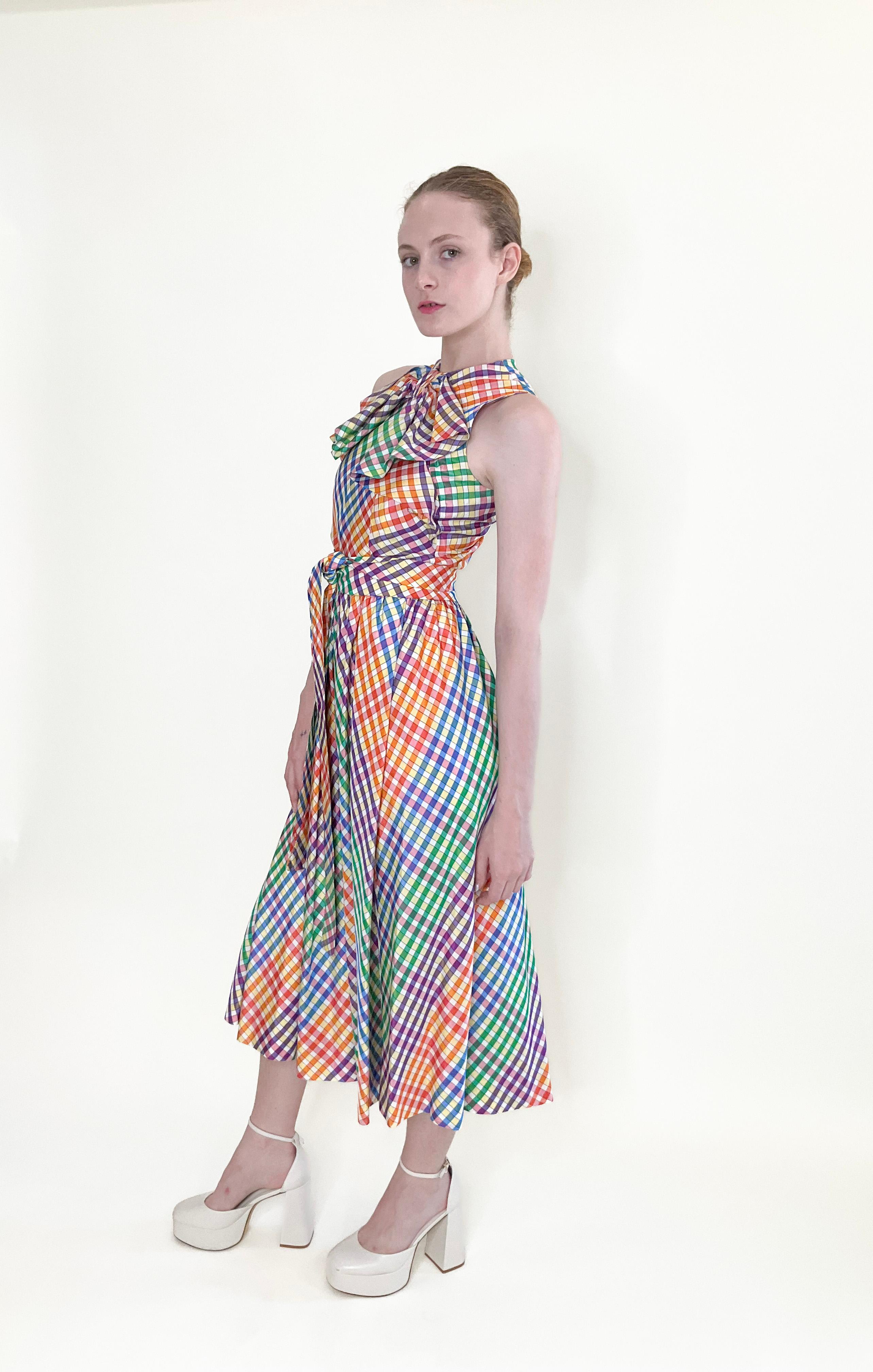 Women's Geoffrey Beene 1970s Rainbow Plaid Dress With Bow Neckline