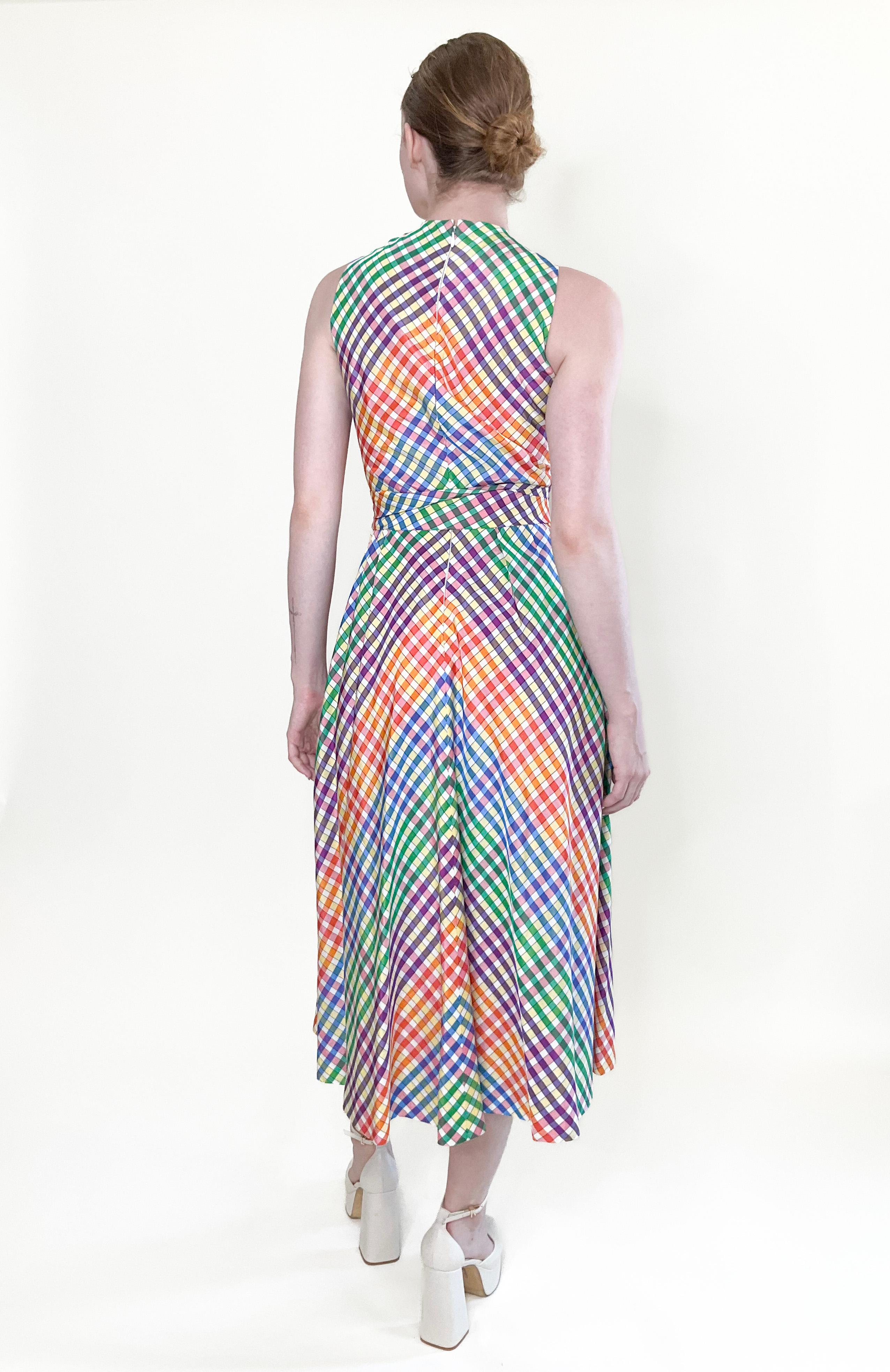 Geoffrey Beene 1970s Rainbow Plaid Dress With Bow Neckline 1