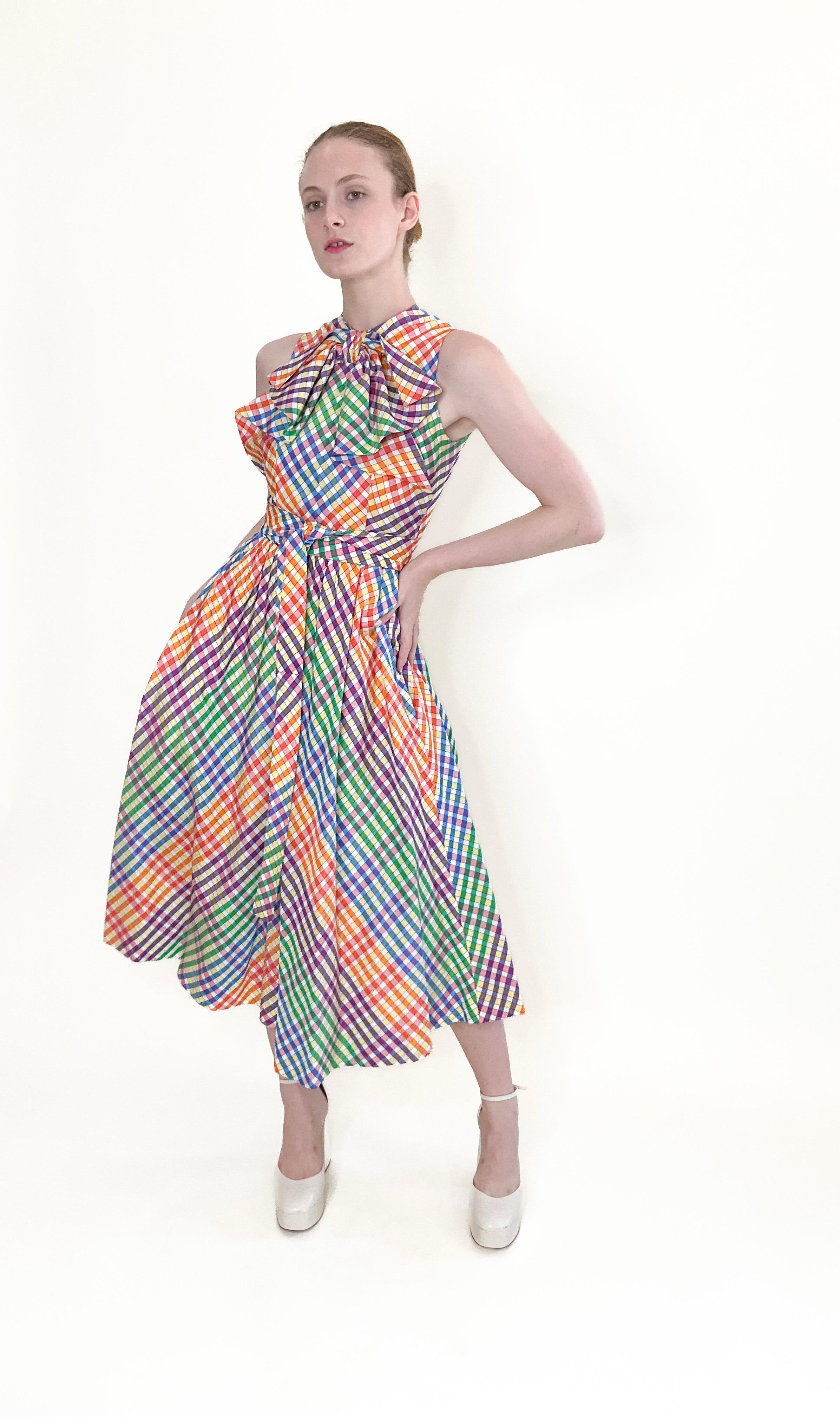 Geoffrey Beene 1970s Rainbow Plaid Dress With Bow Neckline 2