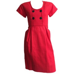 Geoffrey Beene 1970s Red Linen Dress With Pockets Size 4.