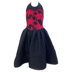 Geoffrey Beene 1980s Black and Red Fit Flare Silk Lace Vintage 80s Halter Dress