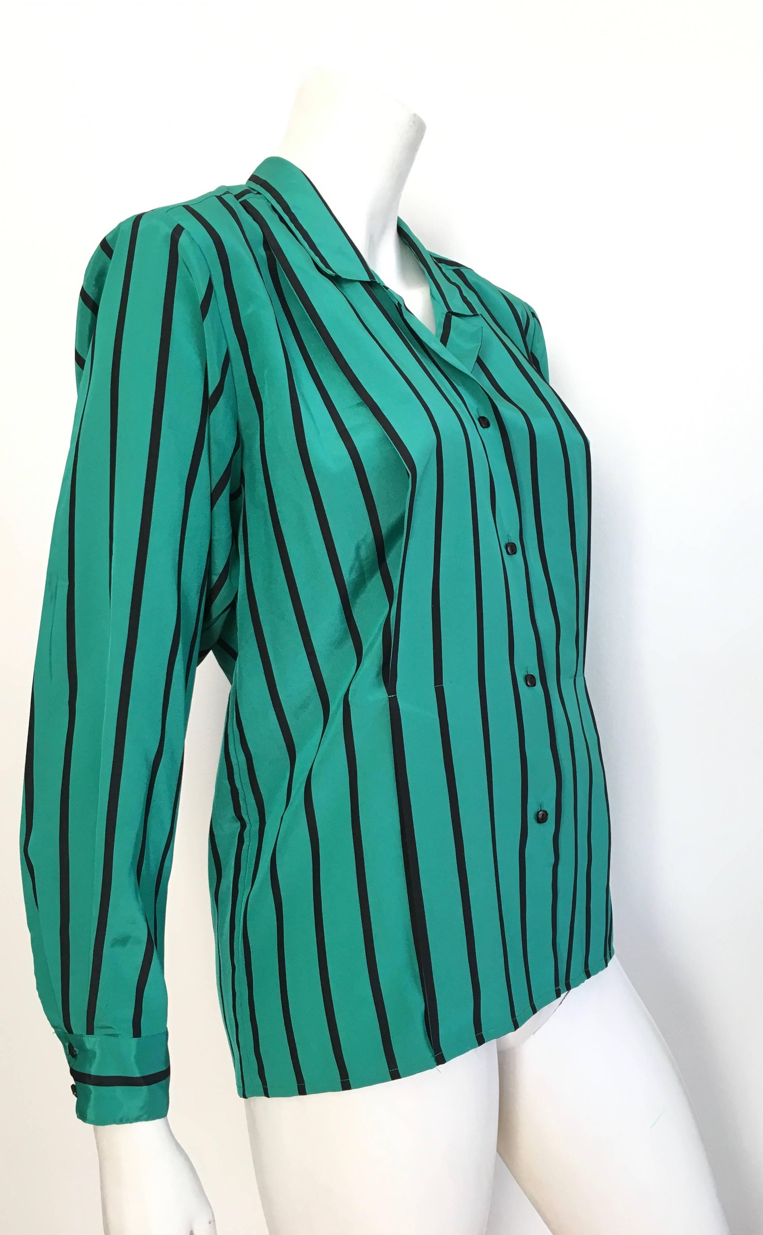 Blue Geoffrey Beene 1980s Striped Long Sleeve Blouse Size 6.