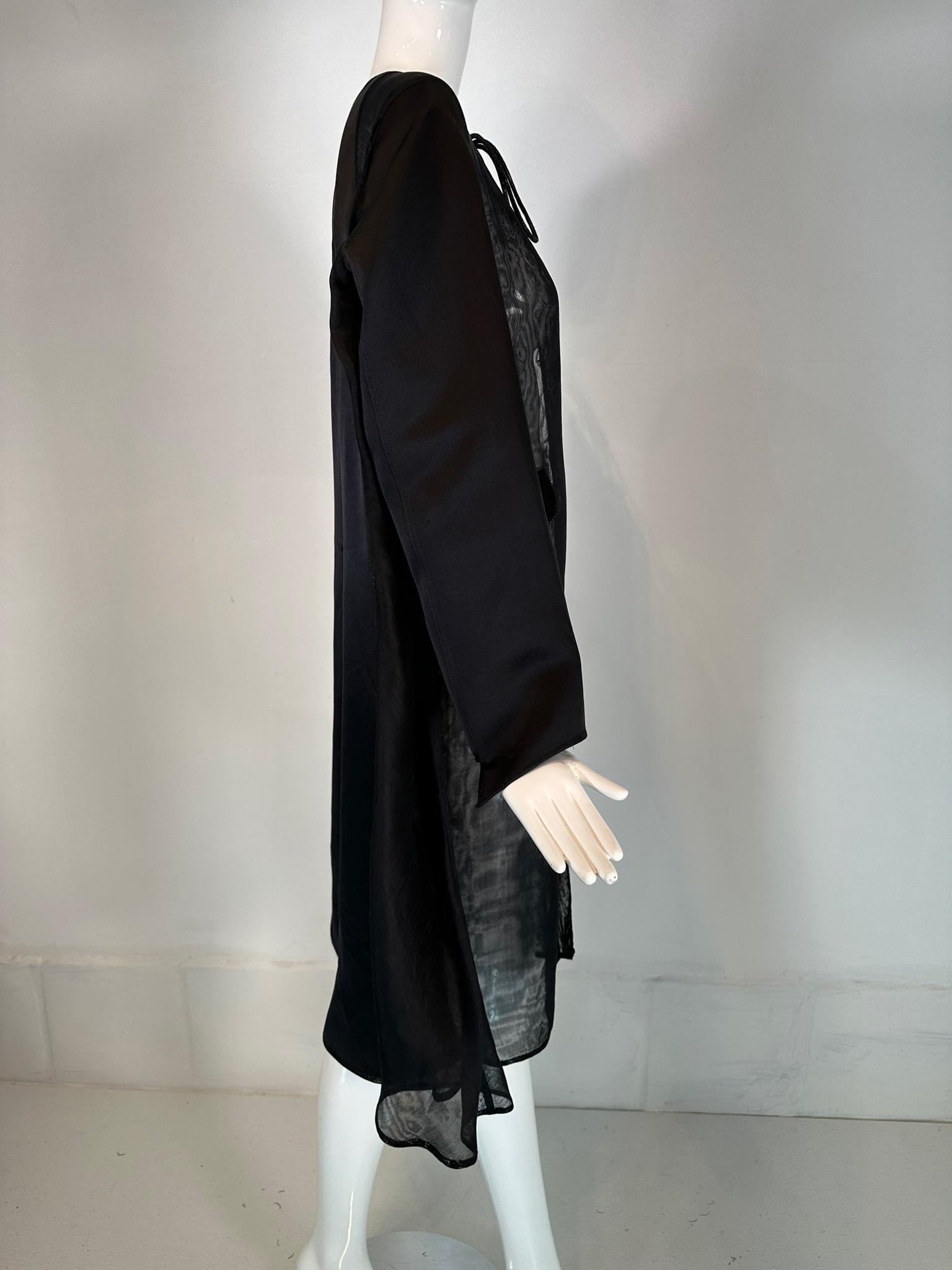 Geoffrey Beene 1990s Black Satin & Organza Panel Metallic Trim Tie Neck Coat 7