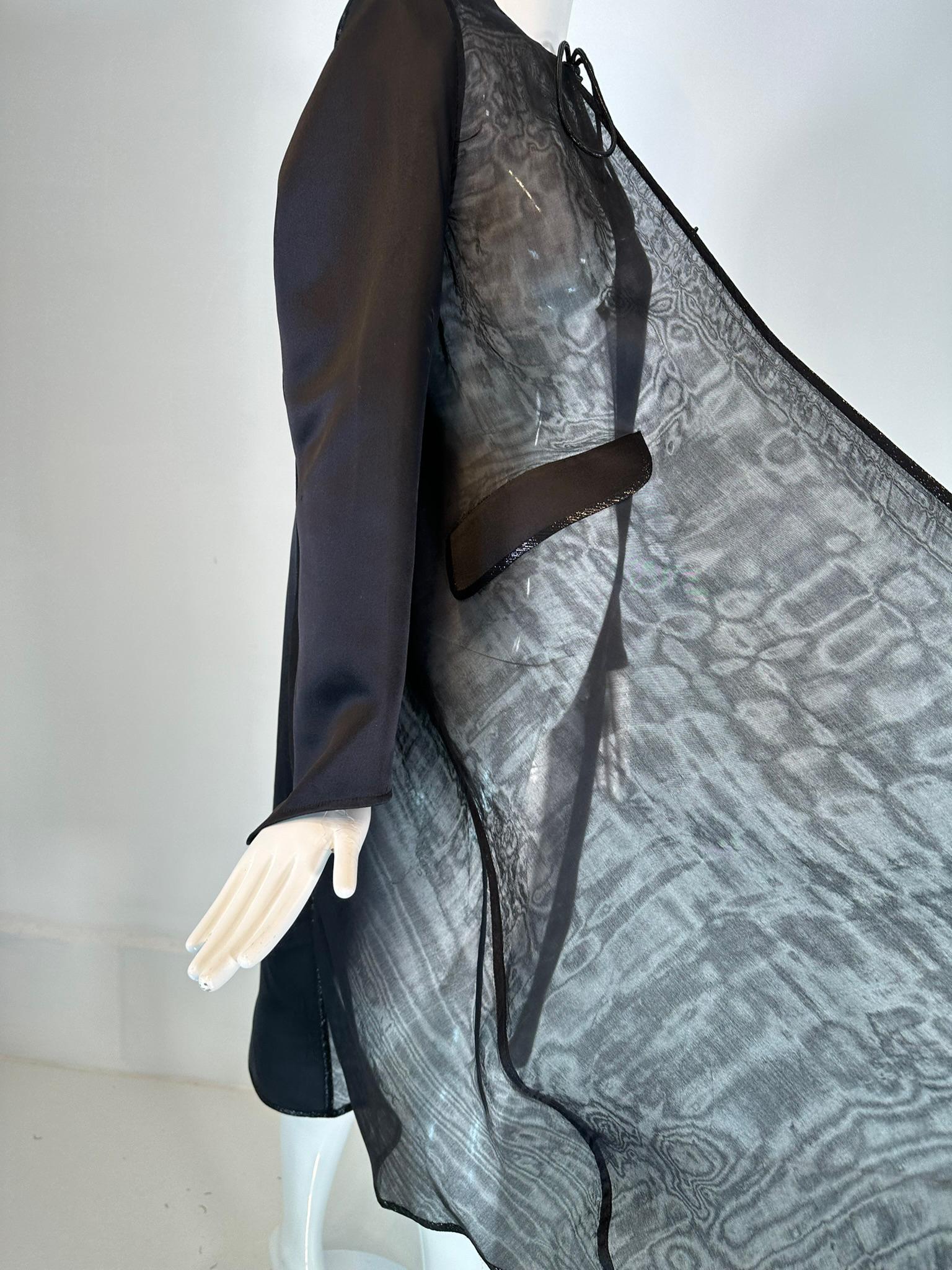 Geoffrey Beene 1990s Black Satin & Organza Panel Metallic Trim Tie Neck Coat 8