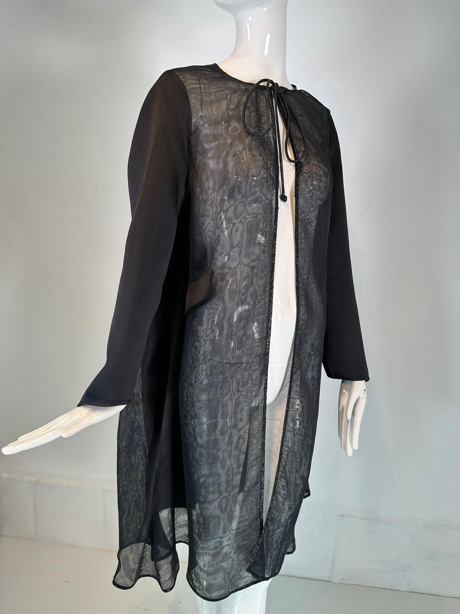 Geoffrey Beene 1990s Black Satin & Organza Panel Metallic Trim Tie Neck Coat 9