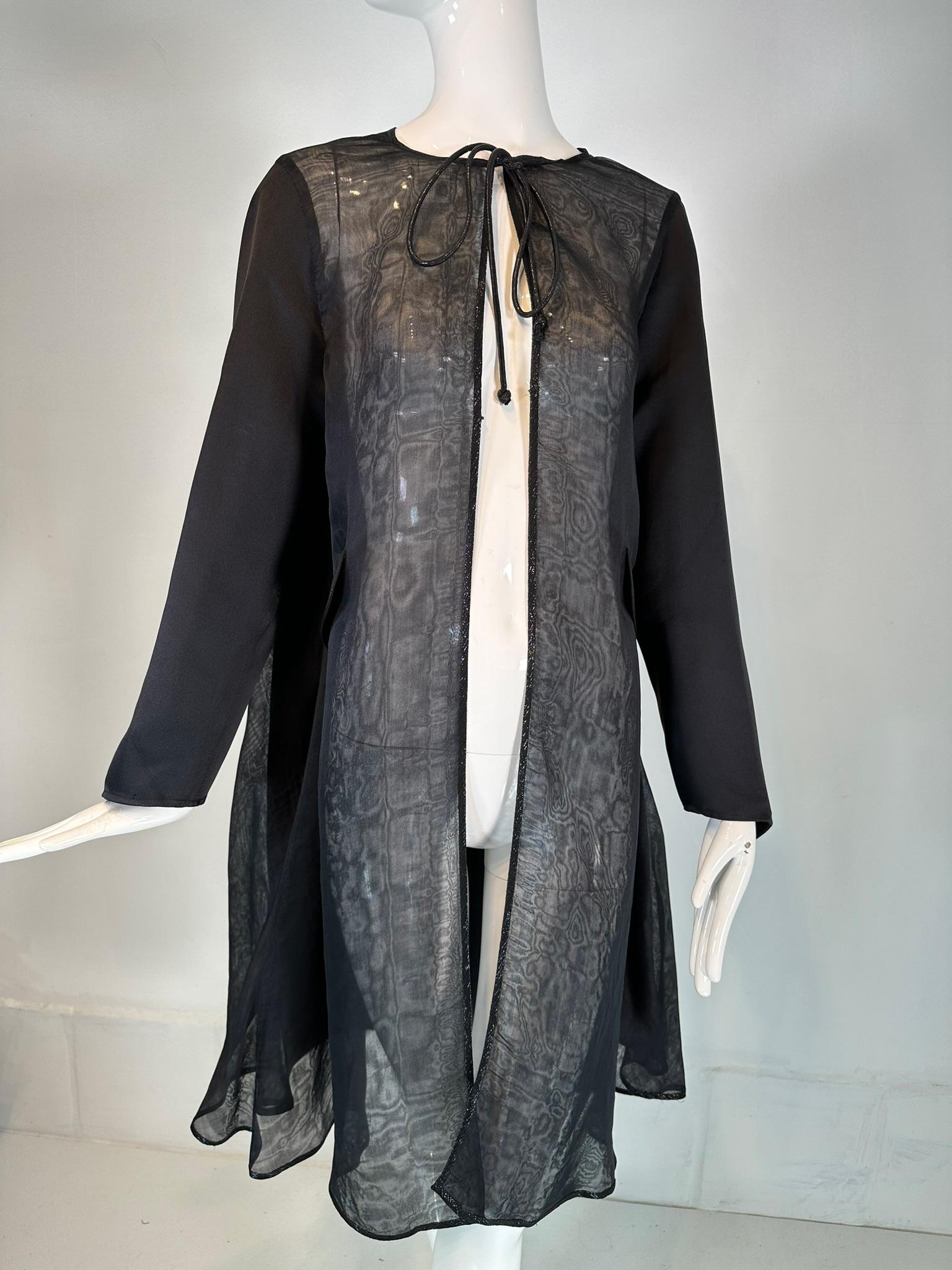 Geoffrey Beene 1990s Black Satin & Organza Panel Metallic Trim Tie Neck Coat 10