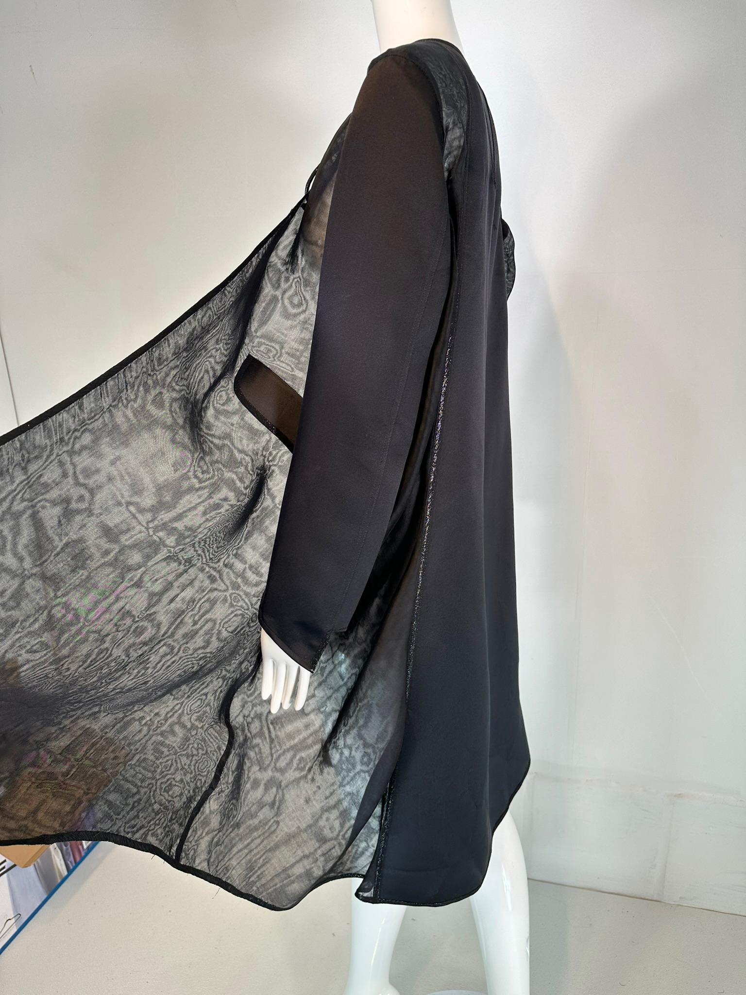 Geoffrey Beene 1990s Black Satin & Organza Panel Metallic Trim Tie Neck Coat 11