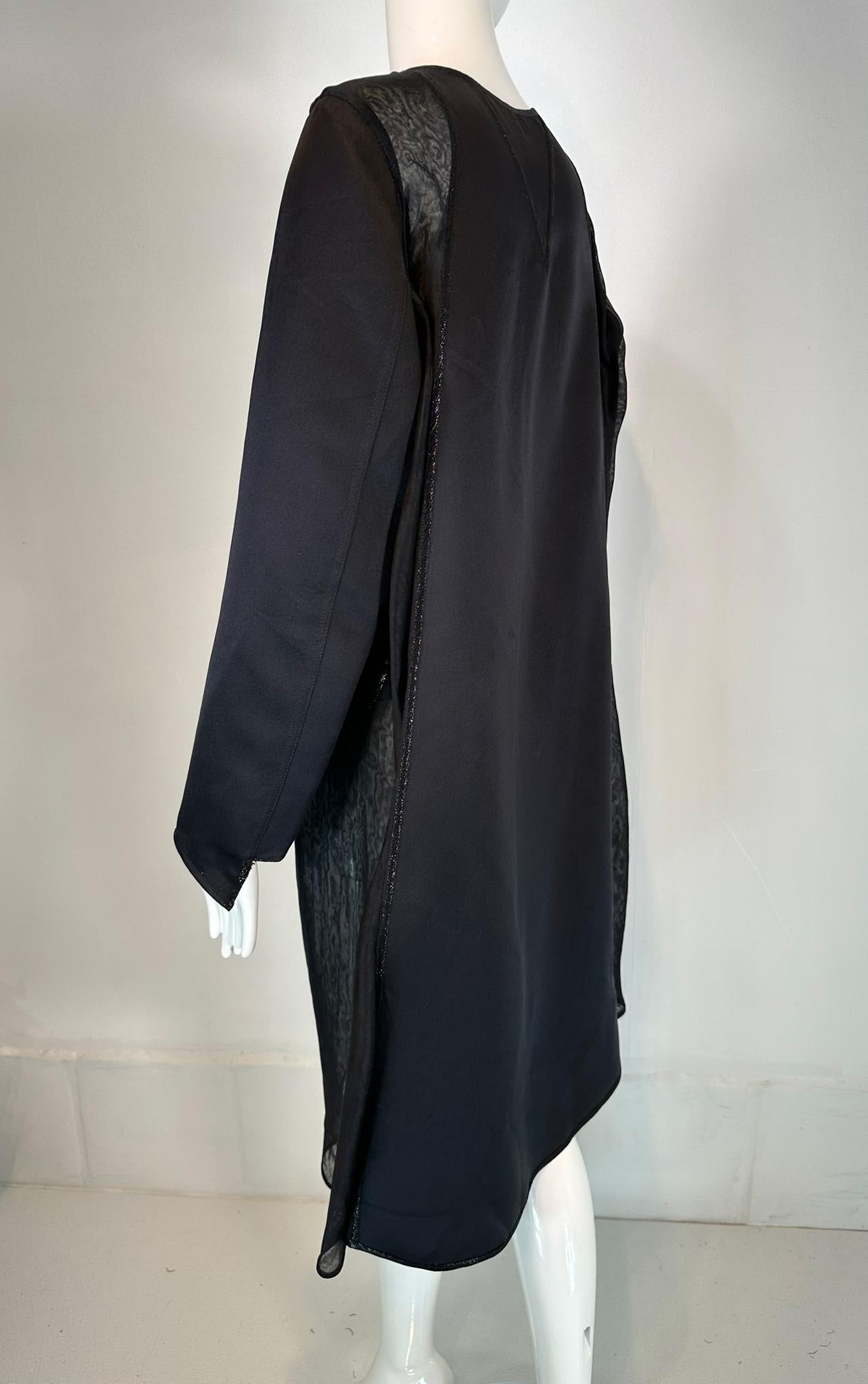 Geoffrey Beene 1990s Black Satin & Organza Panel Metallic Trim Tie Neck Coat 12