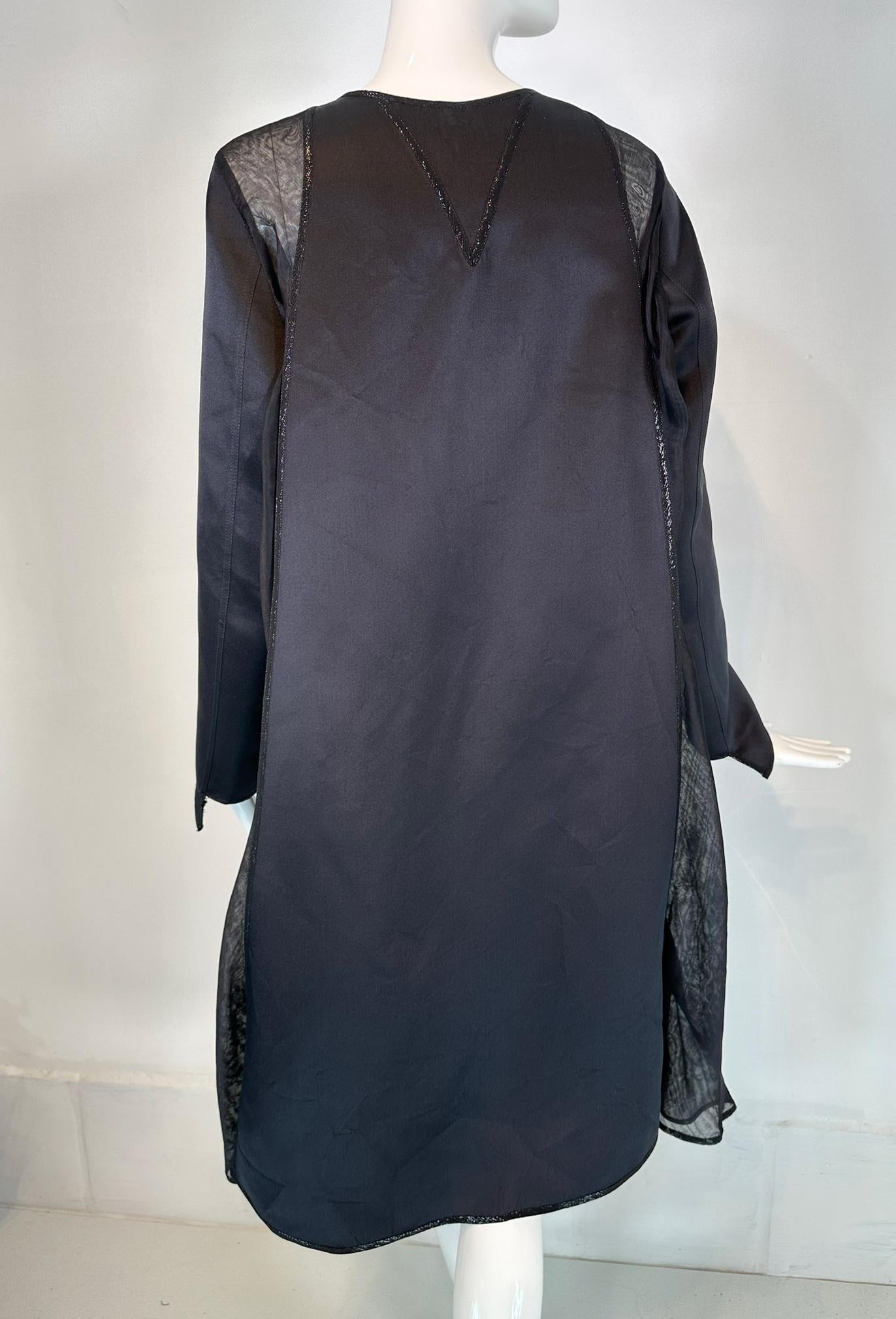 Geoffrey Beene 1990s Black Satin & Organza Panel Metallic Trim Tie Neck Coat 13