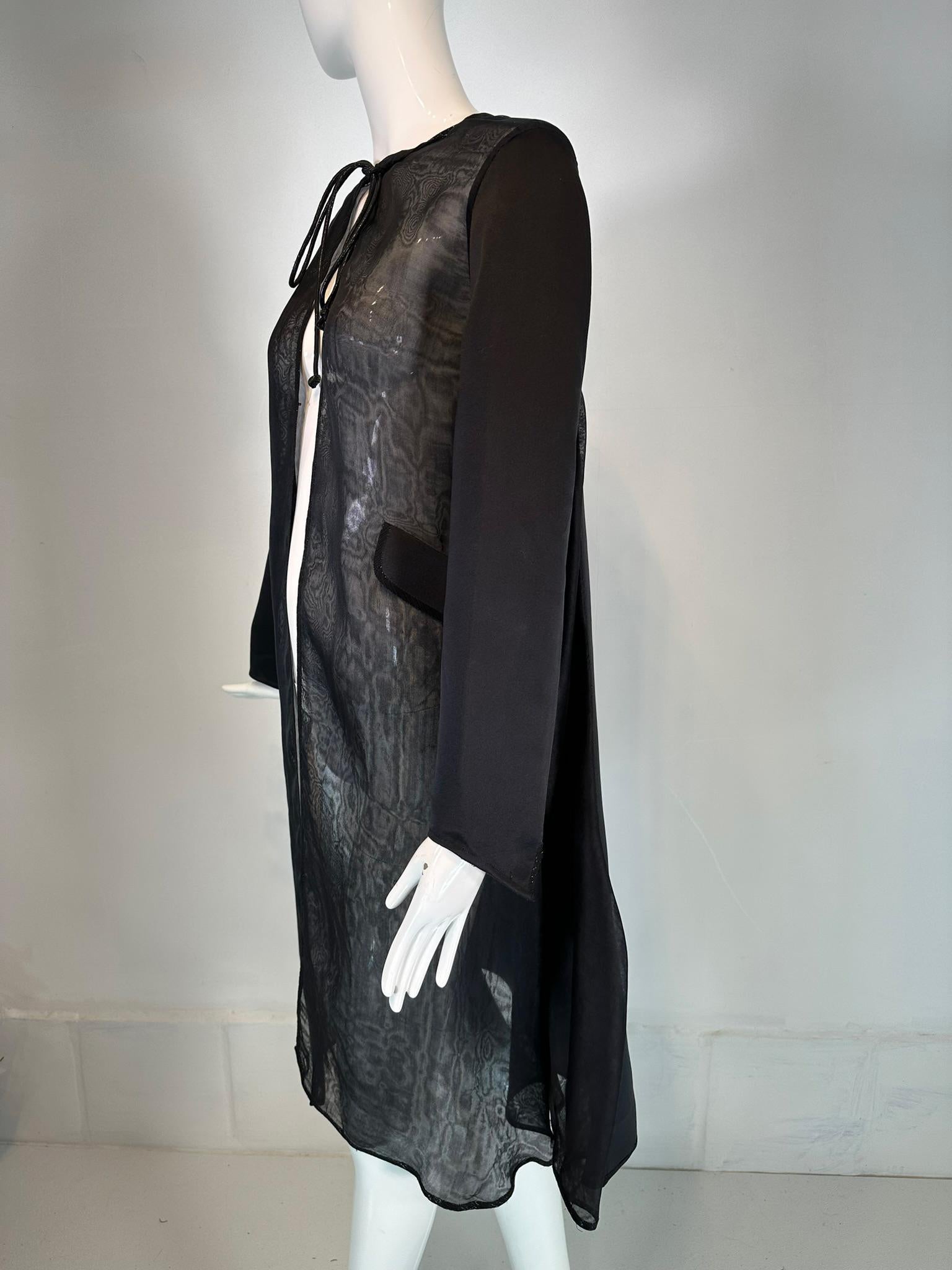 Geoffrey Beene 1990s Black Satin & Organza Panel Metallic Trim Tie Neck Coat In Good Condition In West Palm Beach, FL