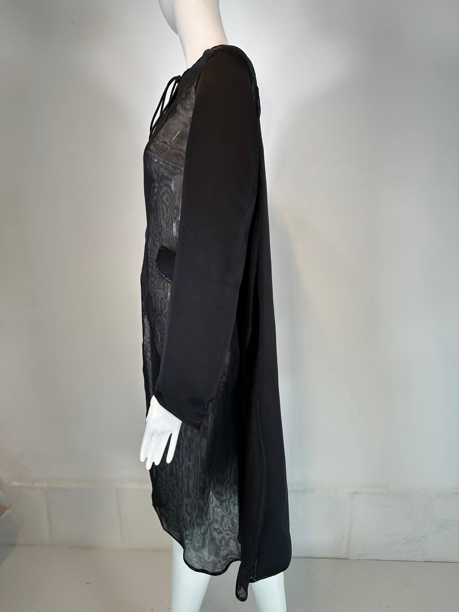 Women's Geoffrey Beene 1990s Black Satin & Organza Panel Metallic Trim Tie Neck Coat