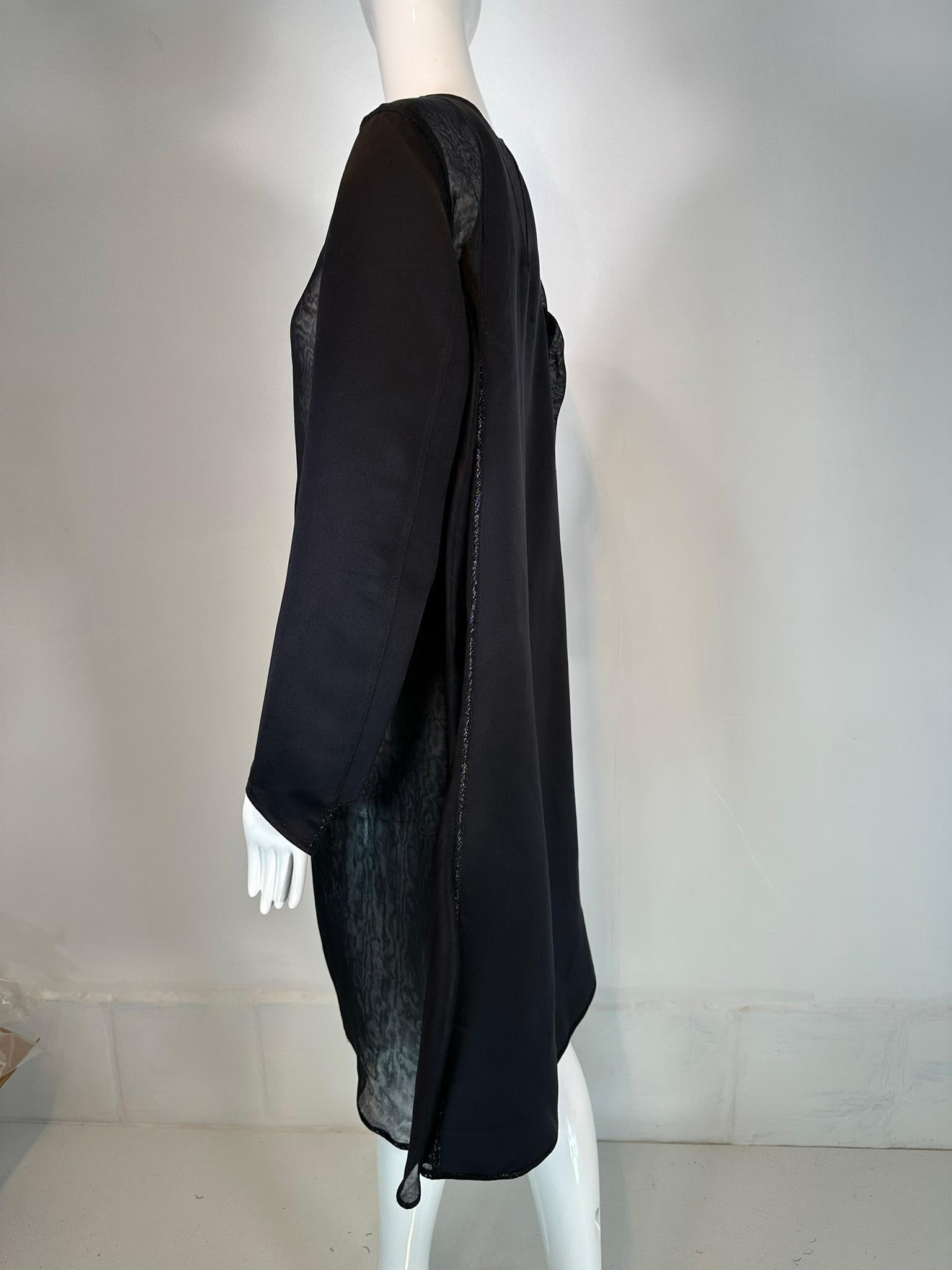 Geoffrey Beene 1990s Black Satin & Organza Panel Metallic Trim Tie Neck Coat 1