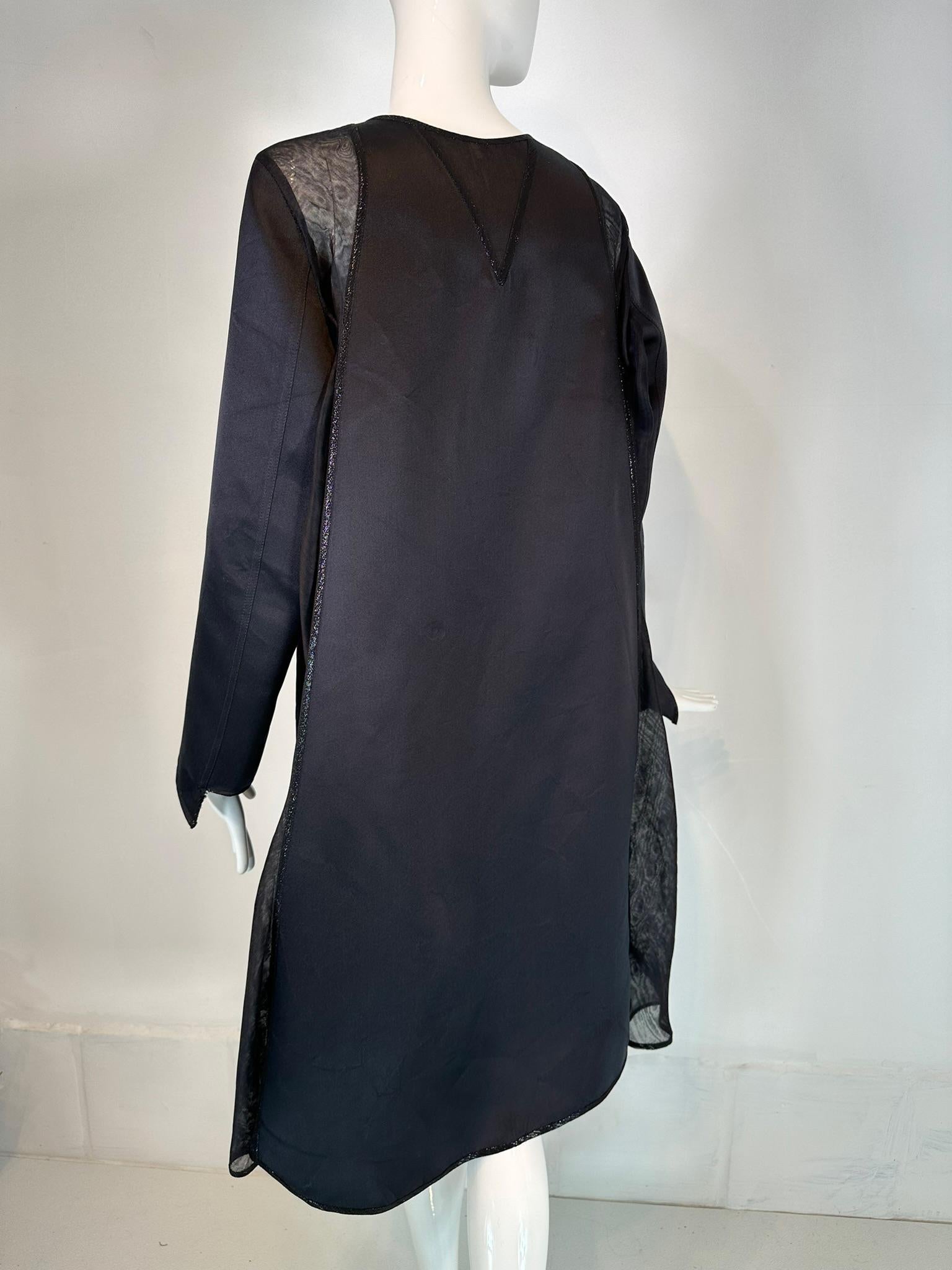 Geoffrey Beene 1990s Black Satin & Organza Panel Metallic Trim Tie Neck Coat 2