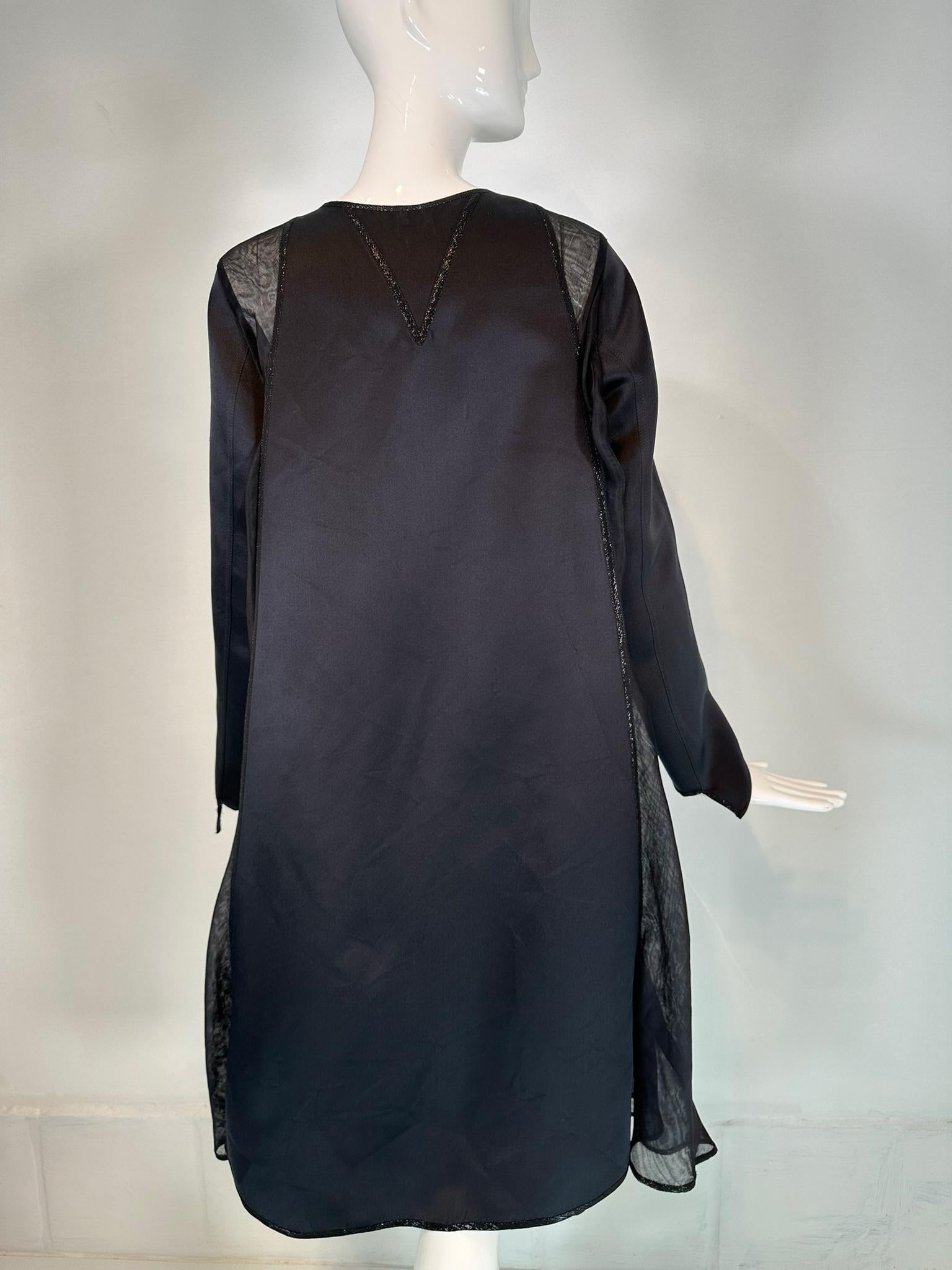 Geoffrey Beene 1990s Black Satin & Organza Panel Metallic Trim Tie Neck Coat 4