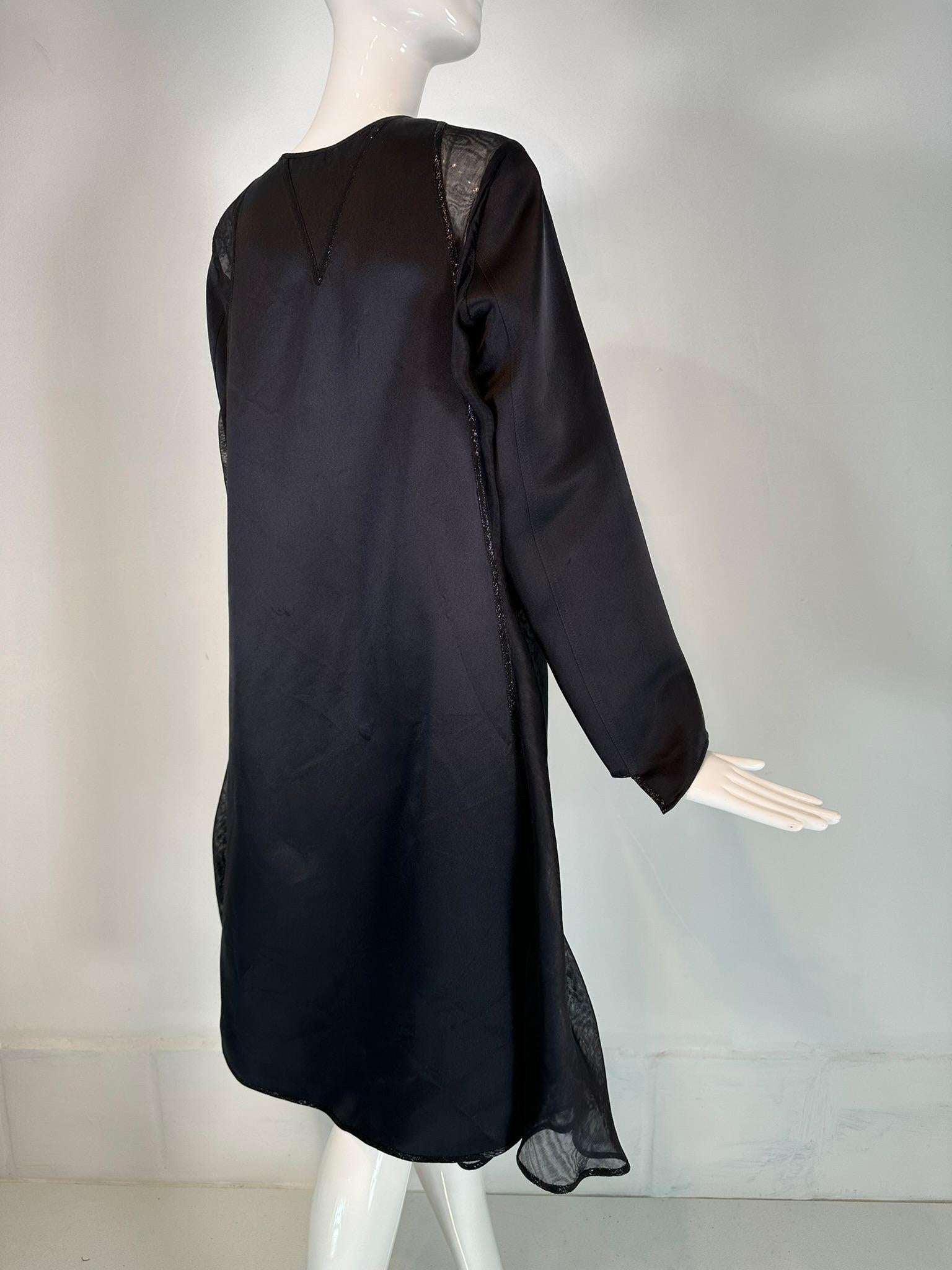Geoffrey Beene 1990s Black Satin & Organza Panel Metallic Trim Tie Neck Coat 5