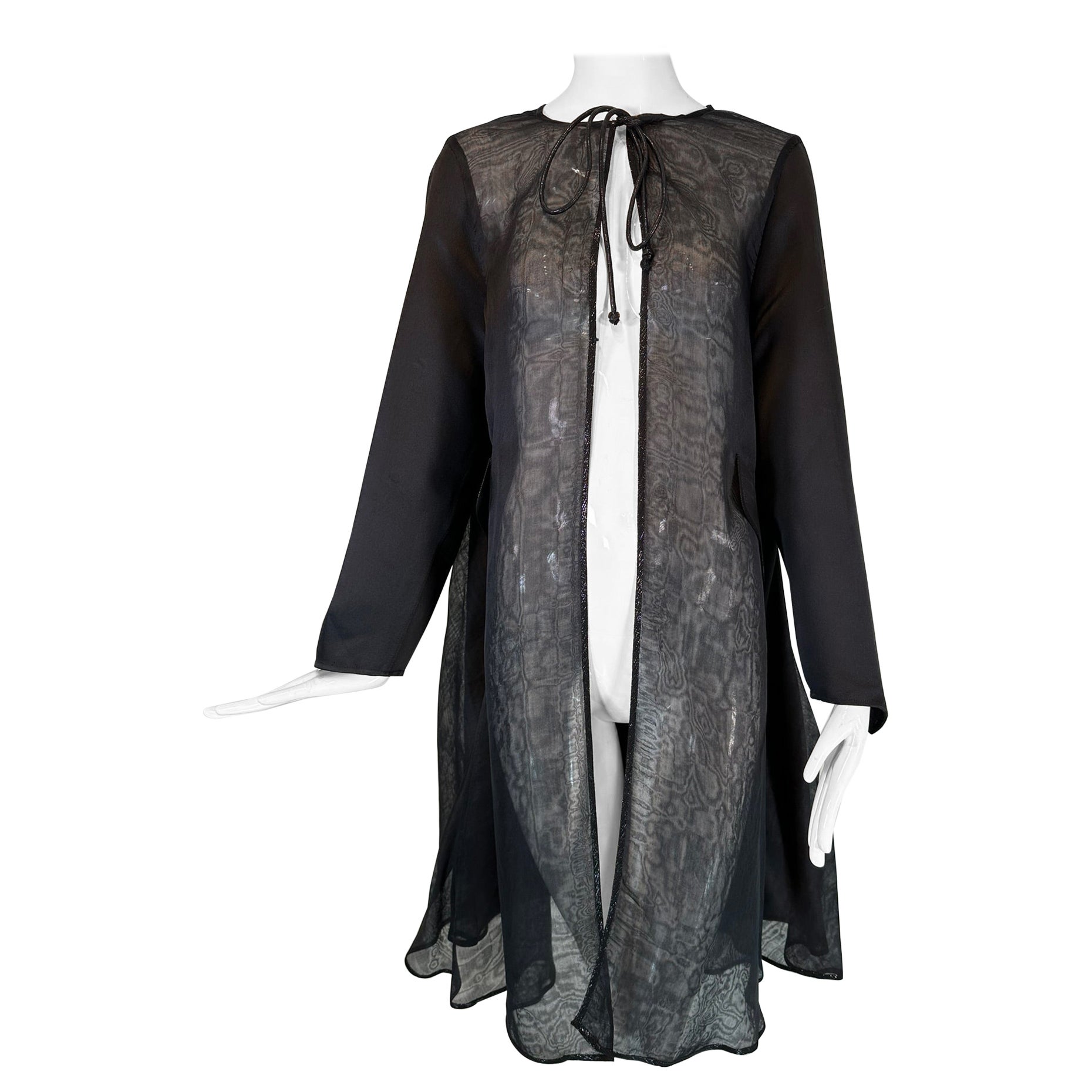 Geoffrey Beene 1990s Black Satin & Organza Panel Metallic Trim Tie Neck Coat
