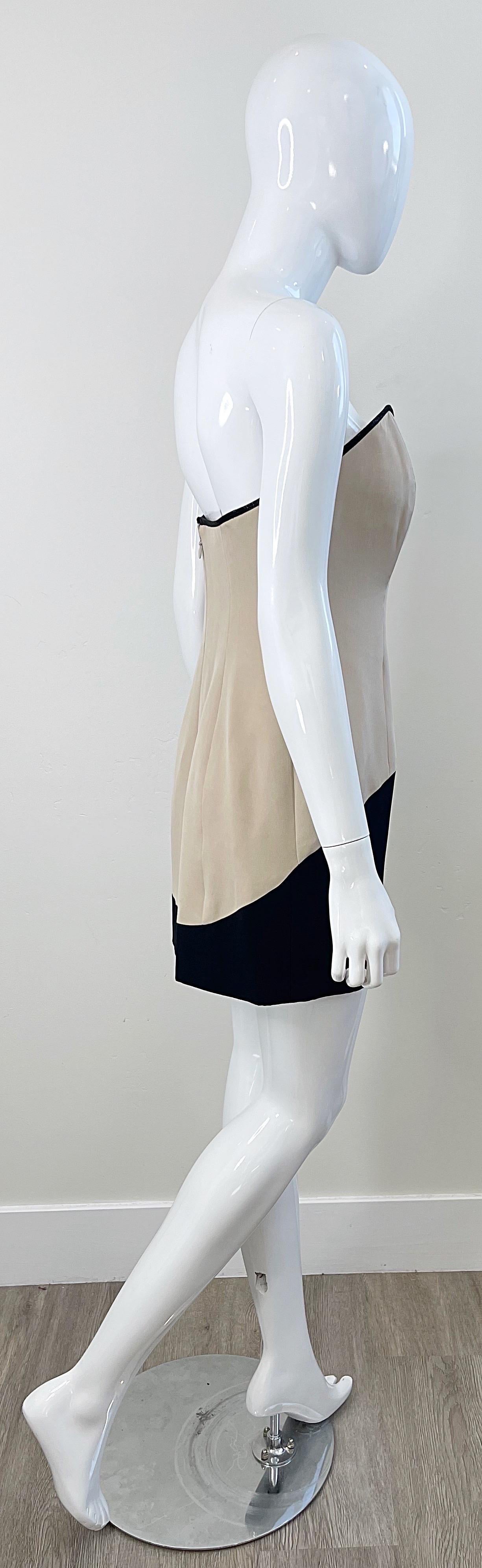 Geoffrey Beene 1990s Khaki and Black Color Block VIntage Silk 90s Mini Dress For Sale 7