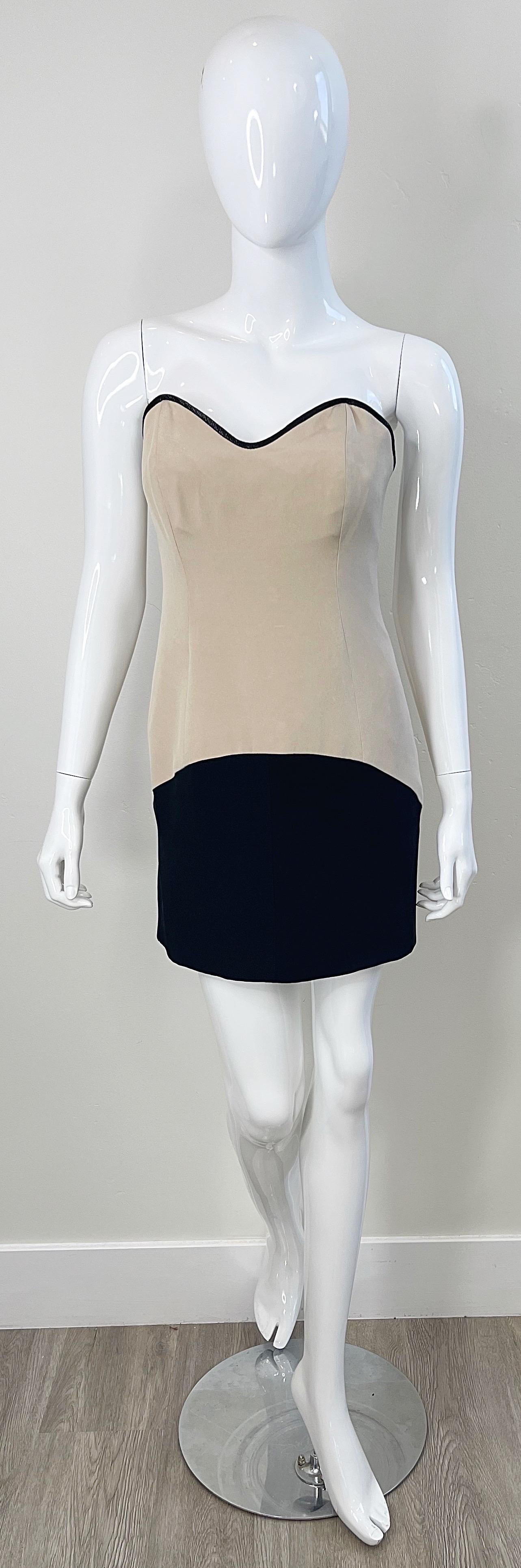 Geoffrey Beene 1990s Khaki and Black Color Block VIntage Silk 90s Mini Dress For Sale 9