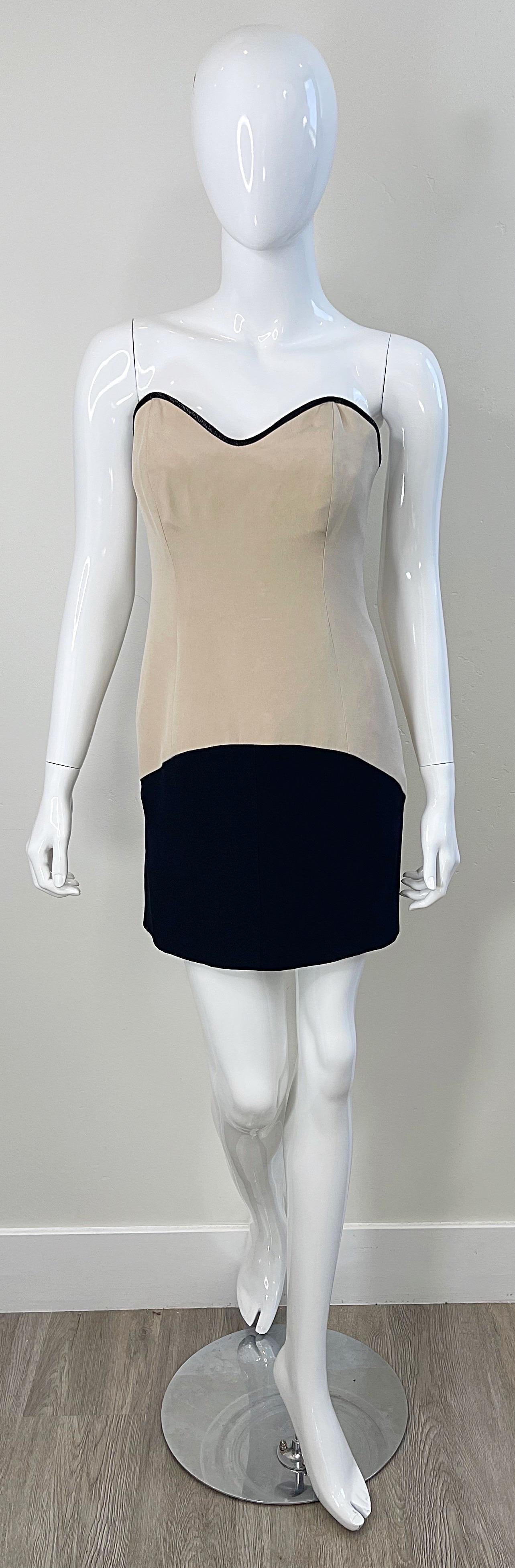 Beige Geoffrey Beene 1990s Khaki and Black Color Block VIntage Silk 90s Mini Dress For Sale