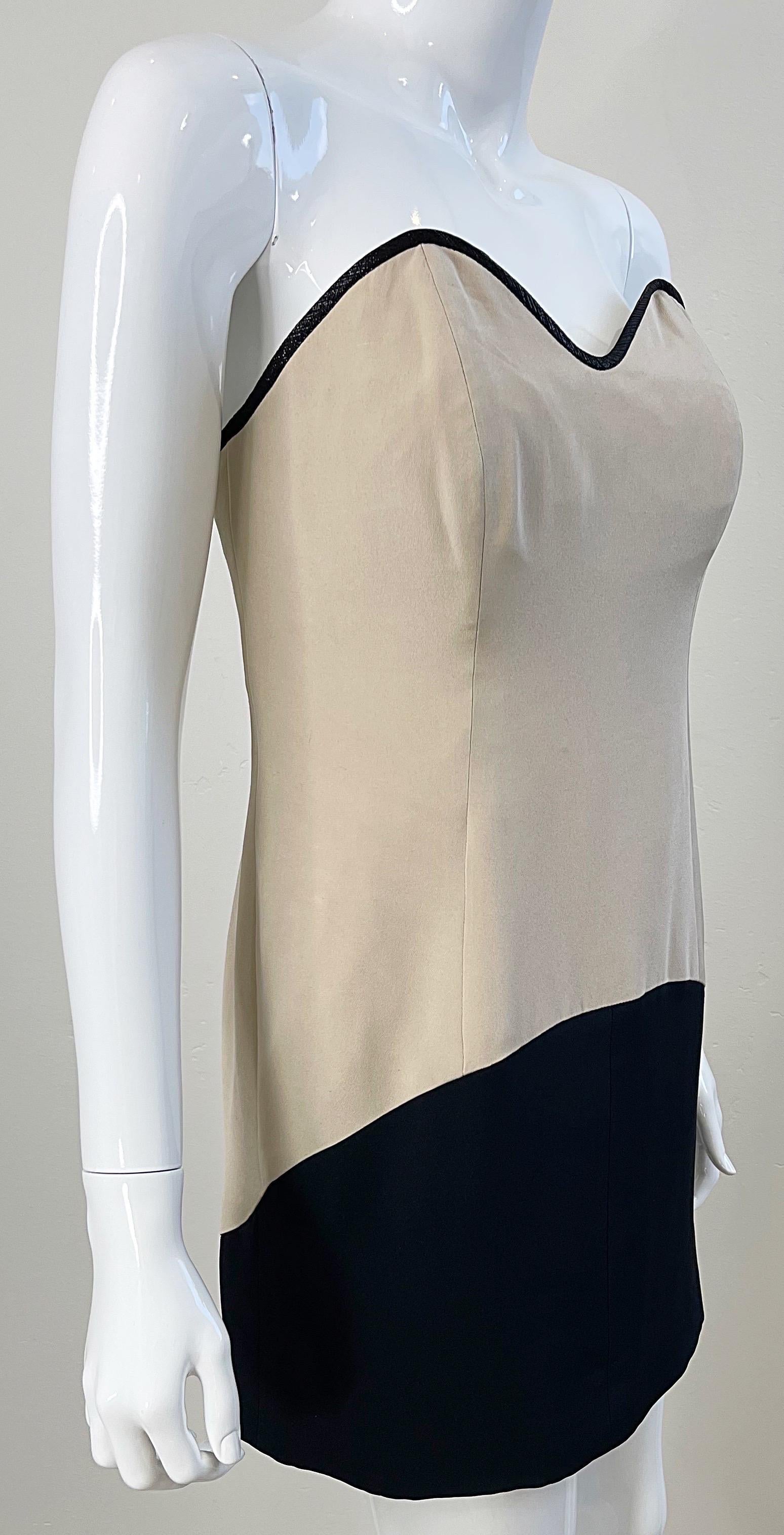 Geoffrey Beene 1990s Khaki and Black Color Block VIntage Silk 90s Mini Dress For Sale 2