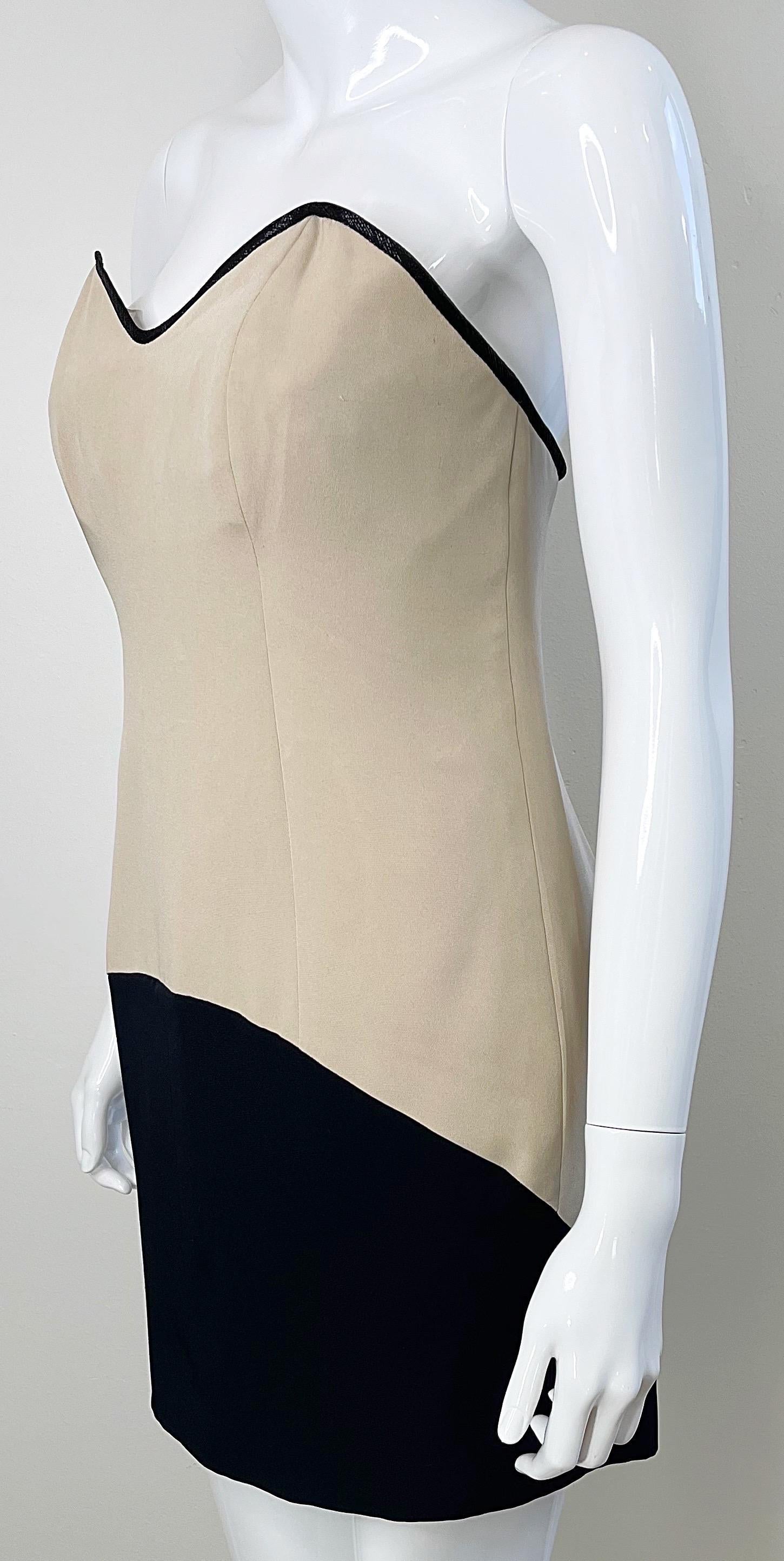 Geoffrey Beene 1990s Khaki and Black Color Block VIntage Silk 90s Mini Dress For Sale 4