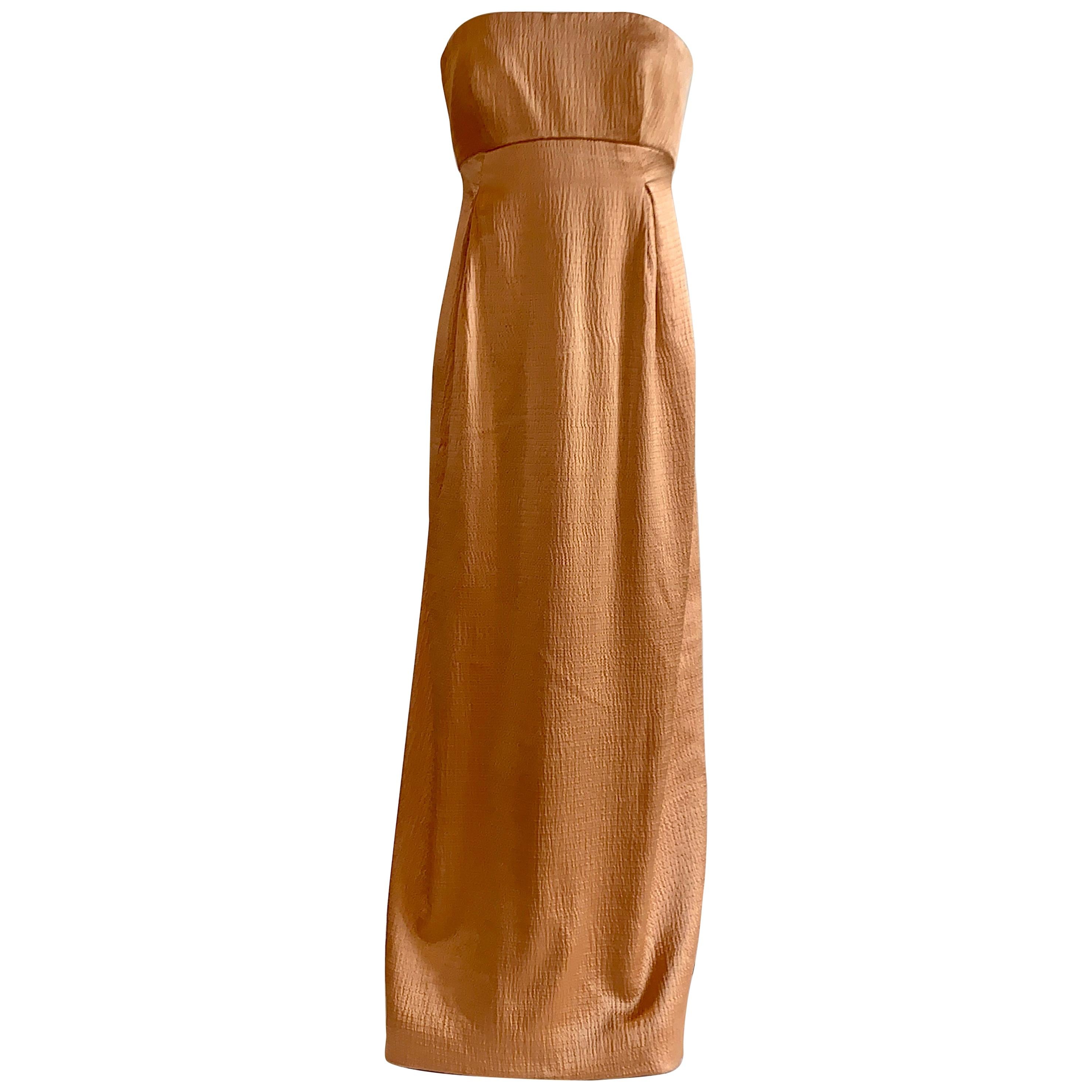 Geoffrey Beene 1990s Textured Silk Apricot Beige Strapless Evening Gown For Sale