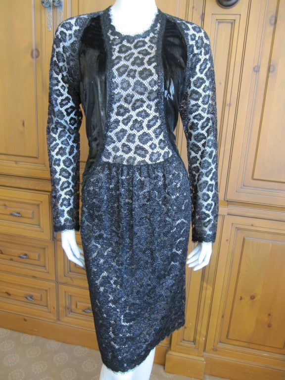 Geoffrey Beene leopard lace little black dress w panne vest
Leopard lace has nude lining under the lace on the dress, but not on the sleeves.
Wonderful scallop edging to the lace, a signature of Mr Beene.
This timeless Beene was $2415 in the Fifth