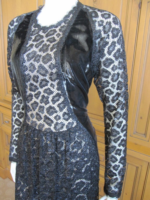 Geoffrey Beene 1992 Silk Leopard Lace & Panne Velvet Little Black Dress  For Sale 1