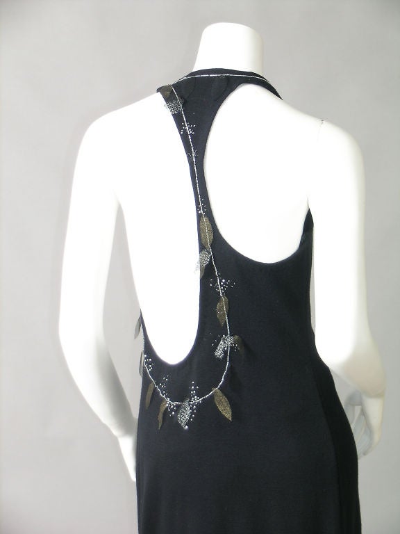 Geoffrey Beene Bare Back Black Knit Dress with Beadwork and Metallic Mesh Leaves In Excellent Condition In New Hope, PA