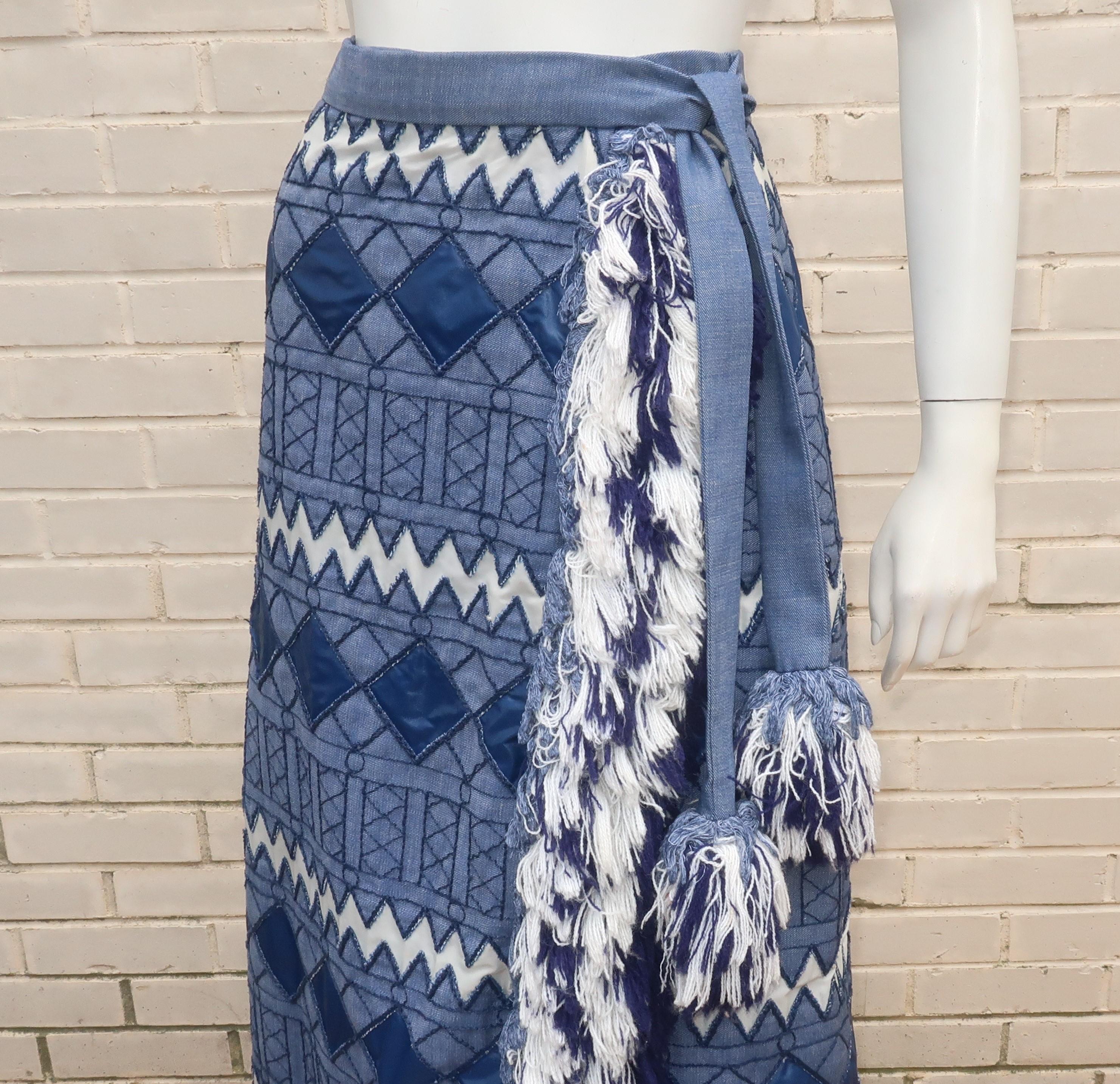 Purple Geoffrey Beene Bazaar Denim Wrap Skirt With Fringe, 1960's