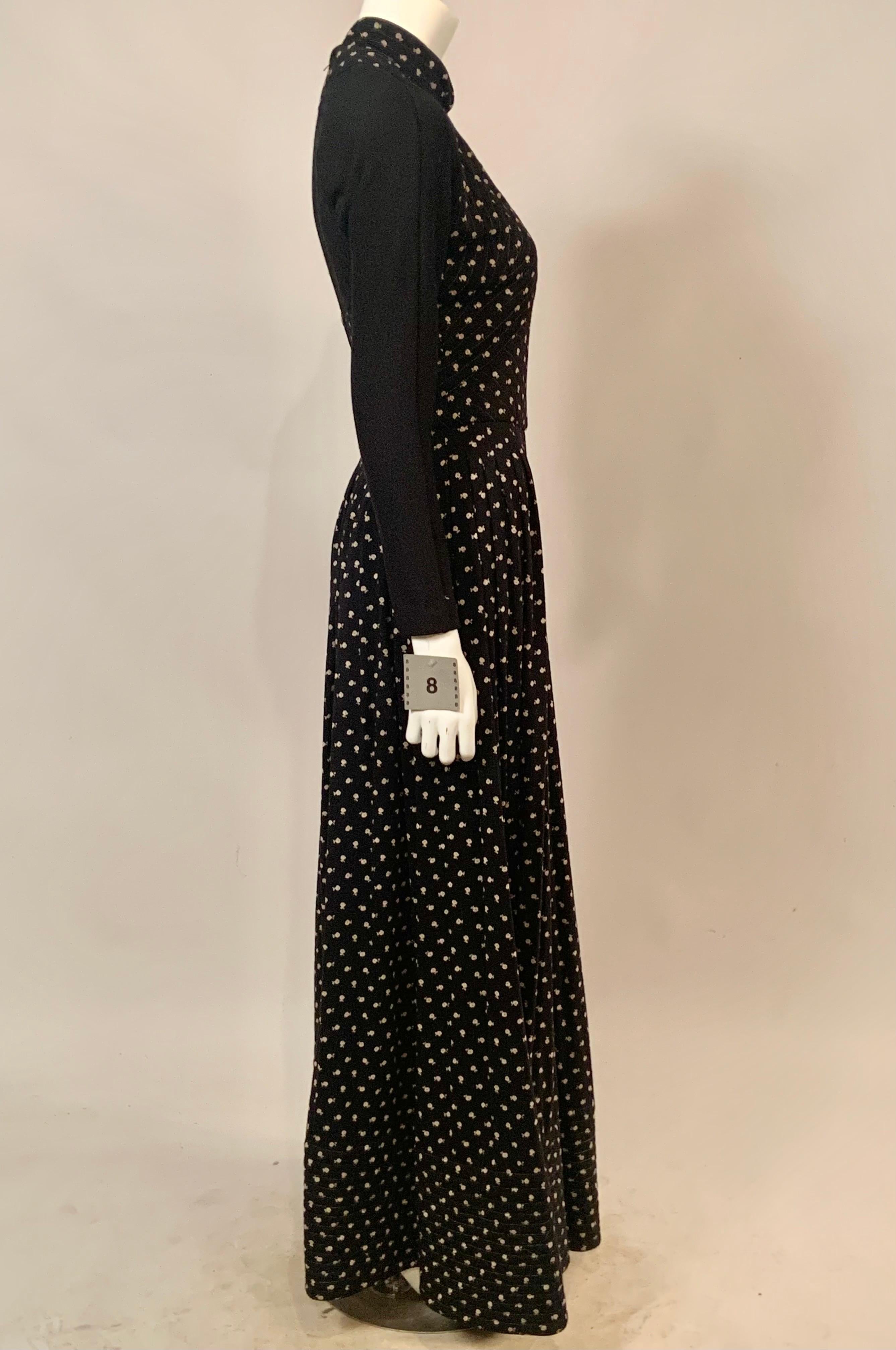 Geoffrey Beene Black and Black and White Floral Print Wool Evening Gown For Sale 8