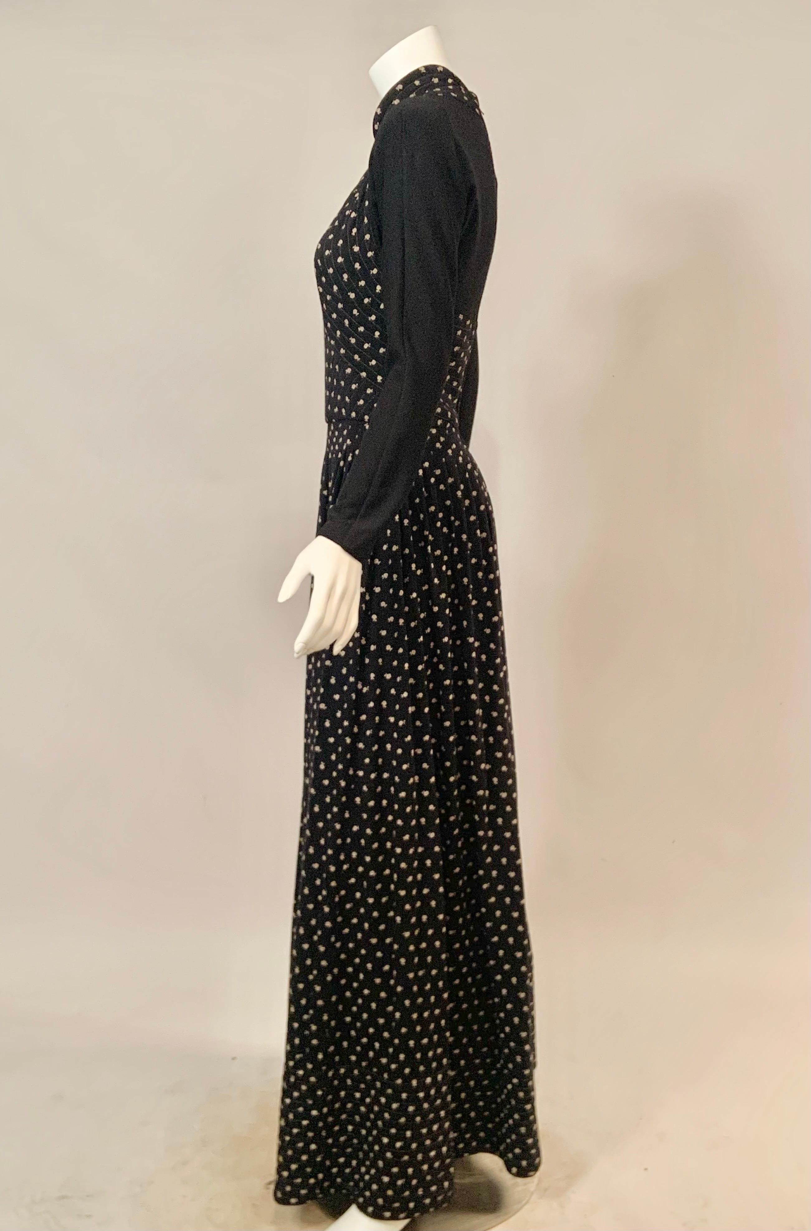 Geoffrey Beene Black and Black and White Floral Print Wool Evening Gown For Sale 3