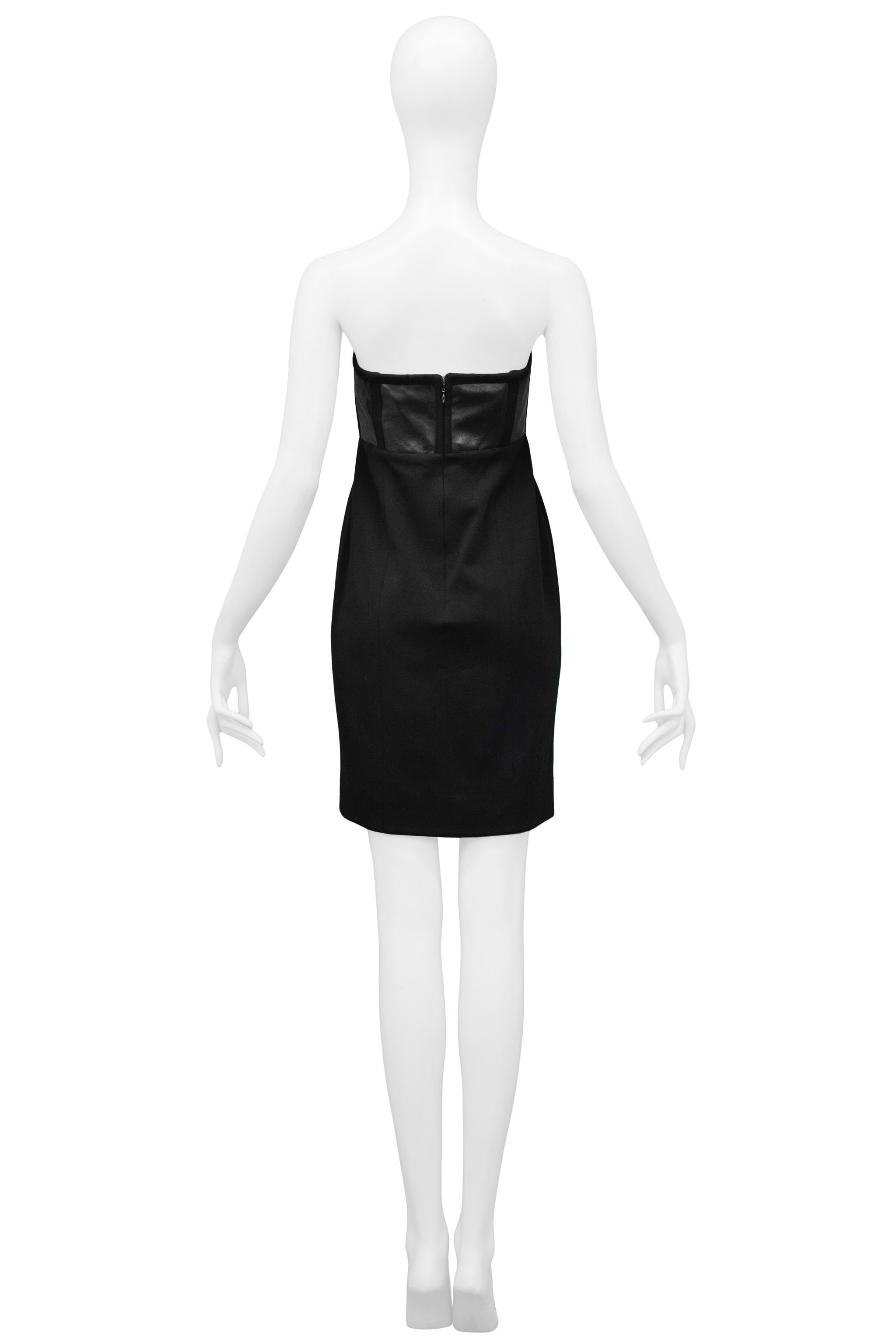 Geoffrey Beene Black Leather & Wool Strapless Dress In Good Condition For Sale In Los Angeles, CA