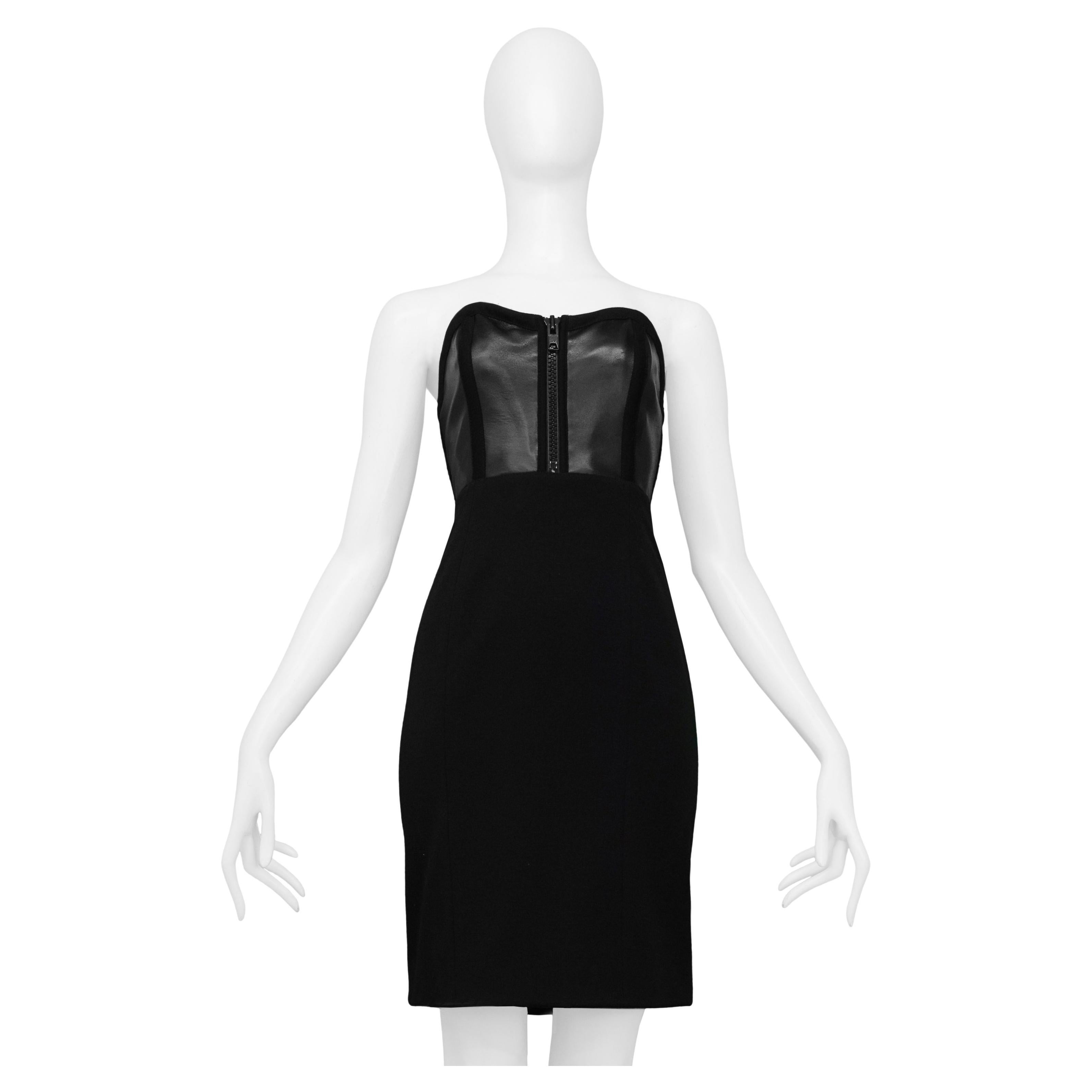 Geoffrey Beene Black Leather & Wool Strapless Dress For Sale