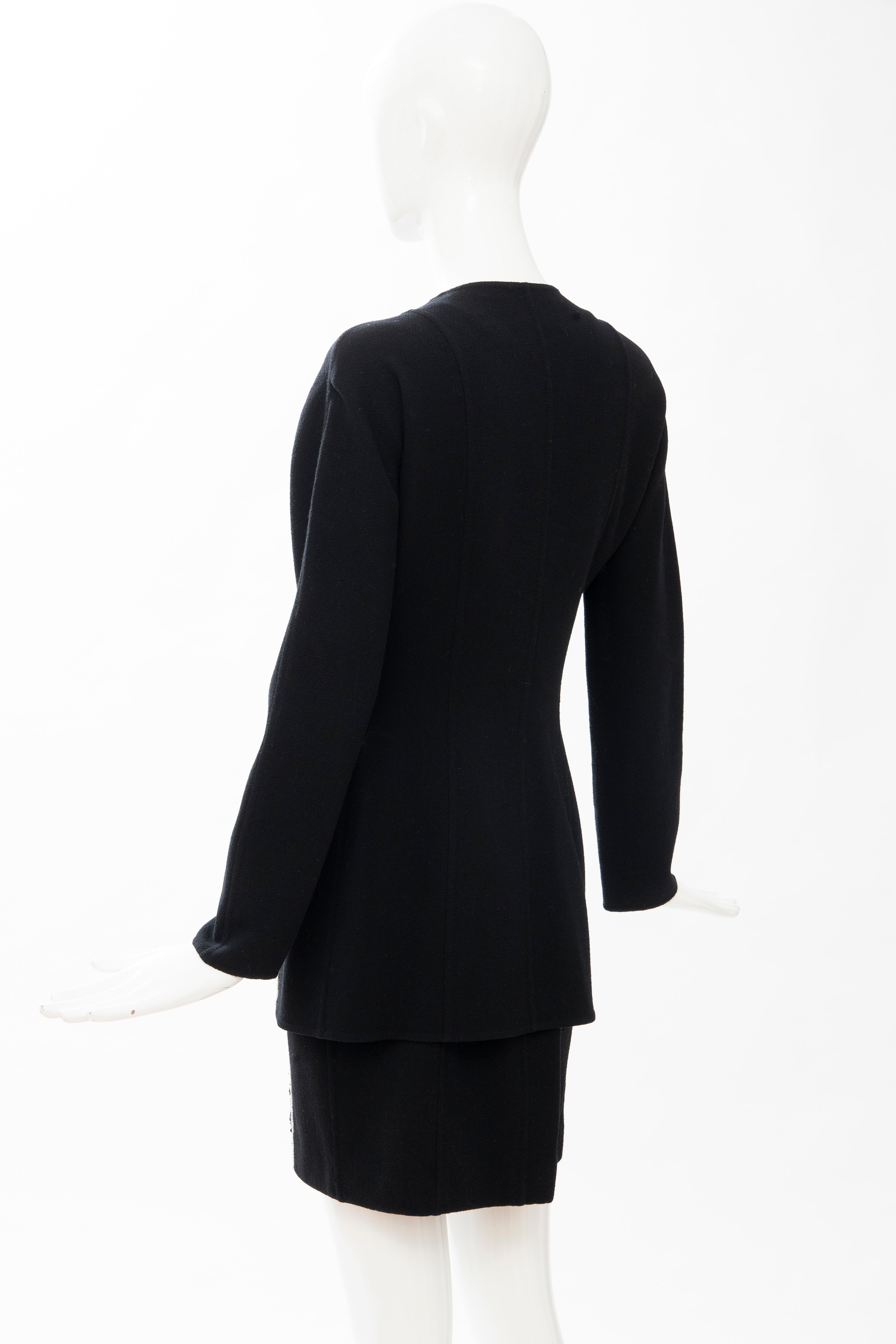 Geoffrey Beene Black Wool Crepe Embroidered Sequins Dress Ensemble, Circa 1990's For Sale 7