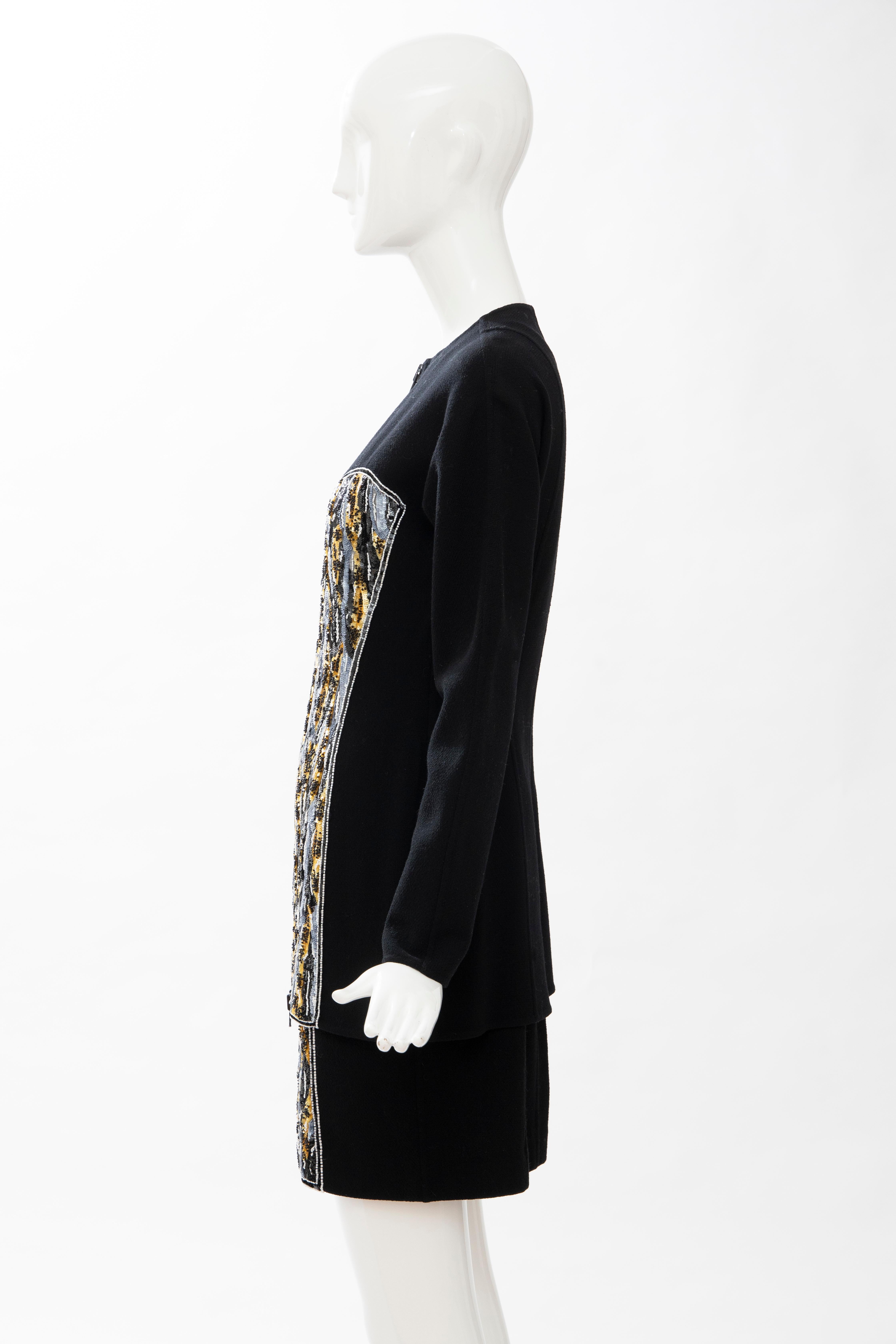 Geoffrey Beene Black Wool Crepe Embroidered Sequins Dress Ensemble, Circa 1990's For Sale 8