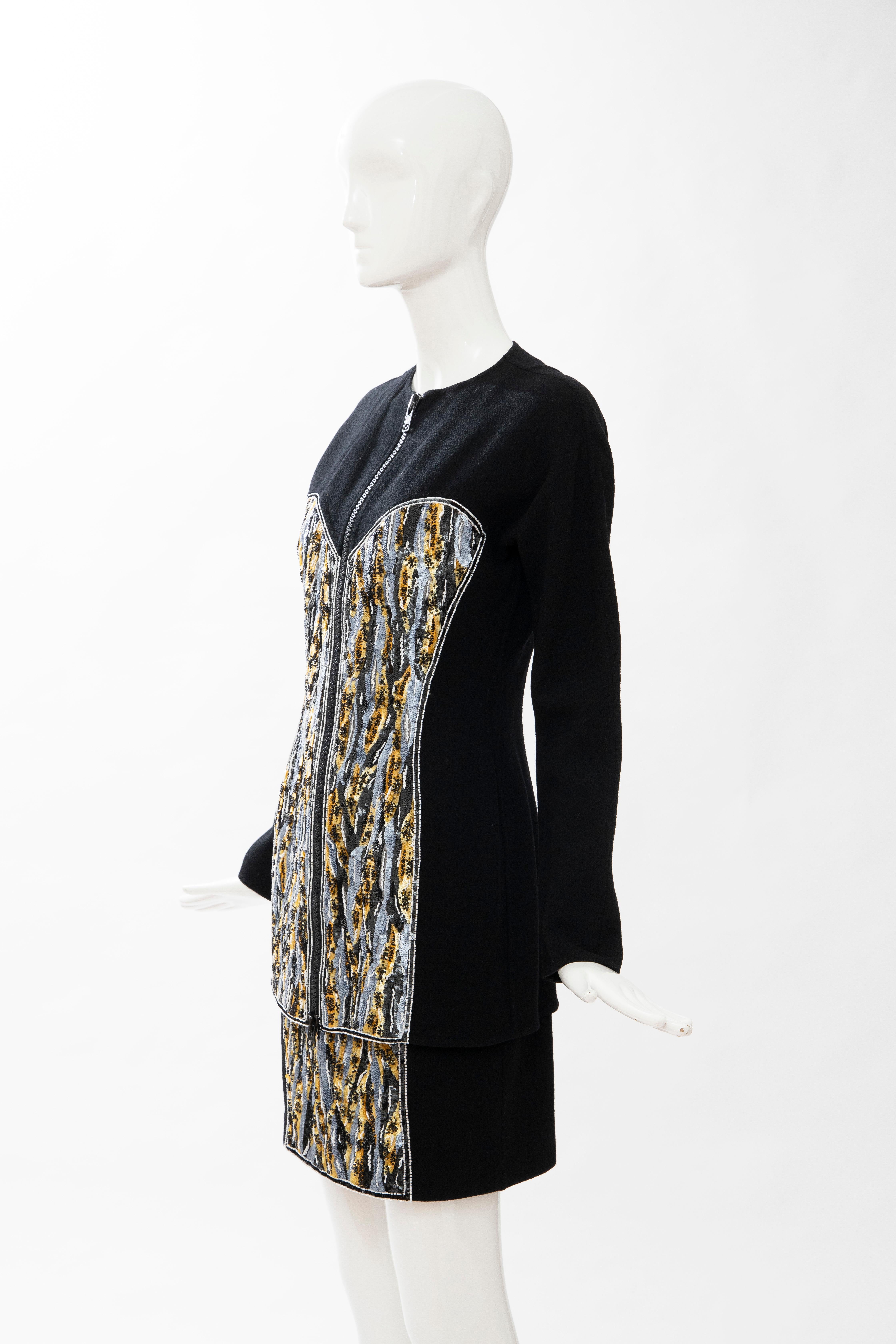 Geoffrey Beene Black Wool Crepe Embroidered Sequins Dress Ensemble, Circa 1990's For Sale 9