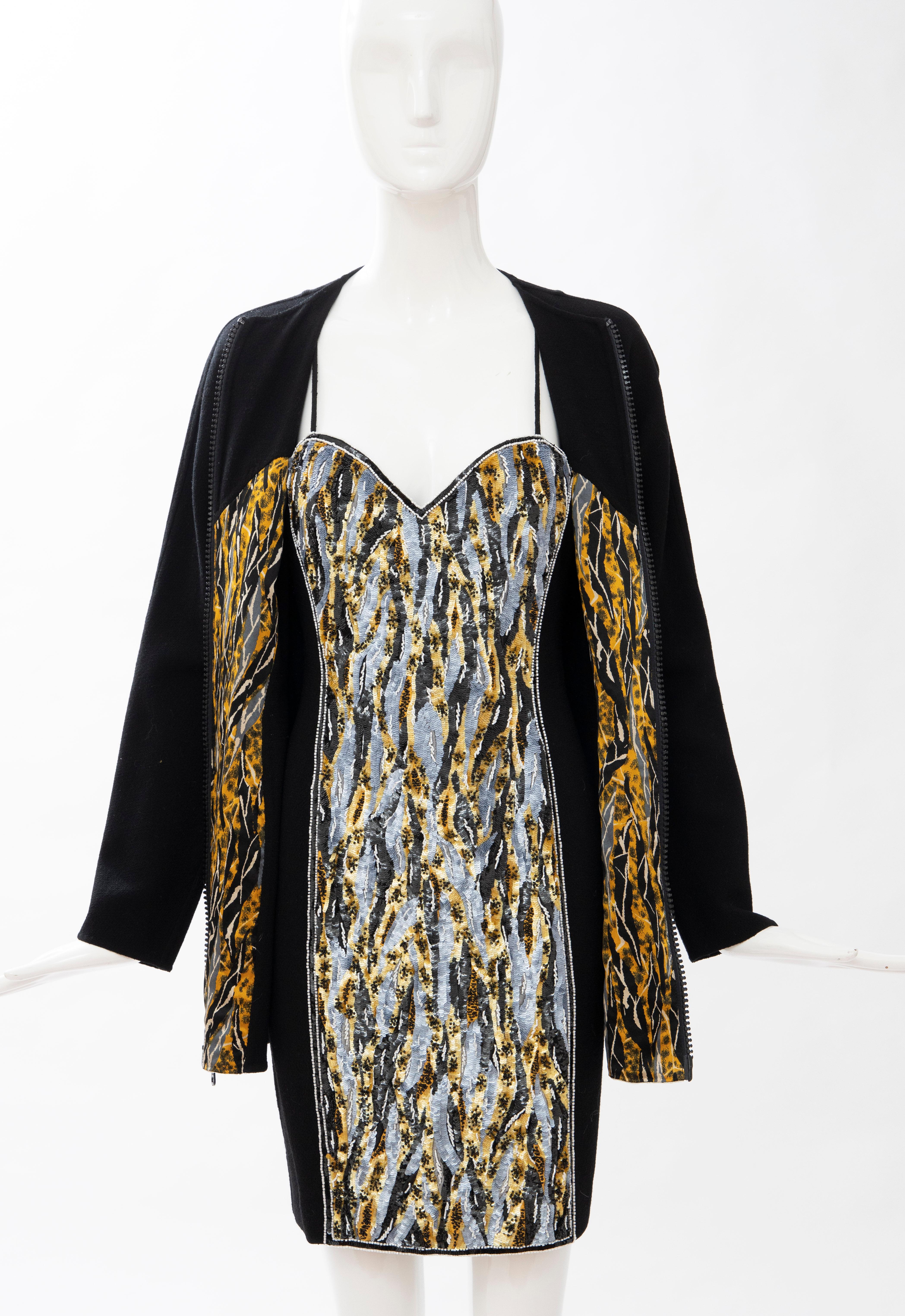 Geoffrey Beene Black Wool Crepe Embroidered Sequins Dress Ensemble, Circa 1990's For Sale 10