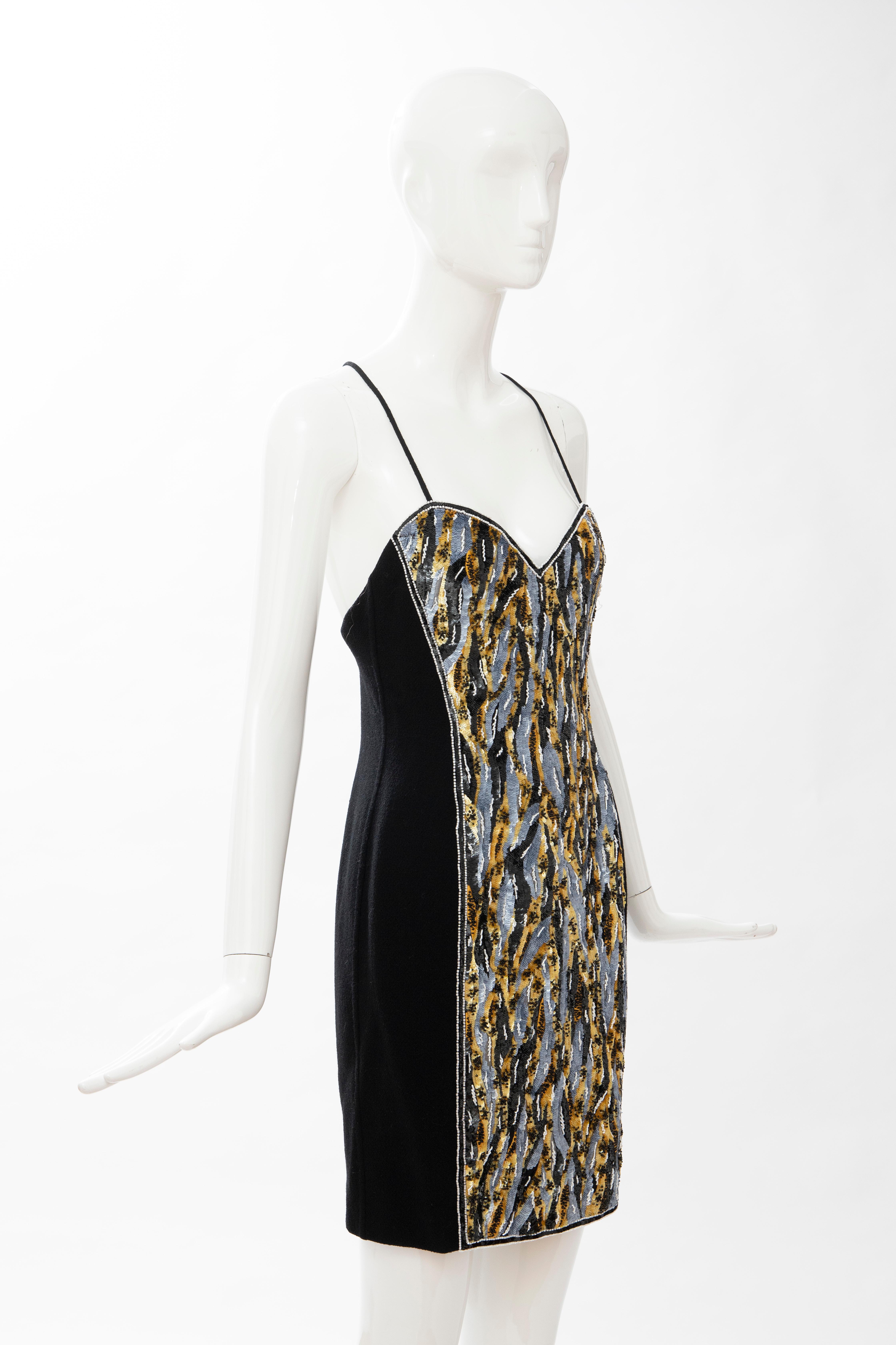 Geoffrey Beene Black Wool Crepe Embroidered Sequins Dress Ensemble, Circa 1990's For Sale 12