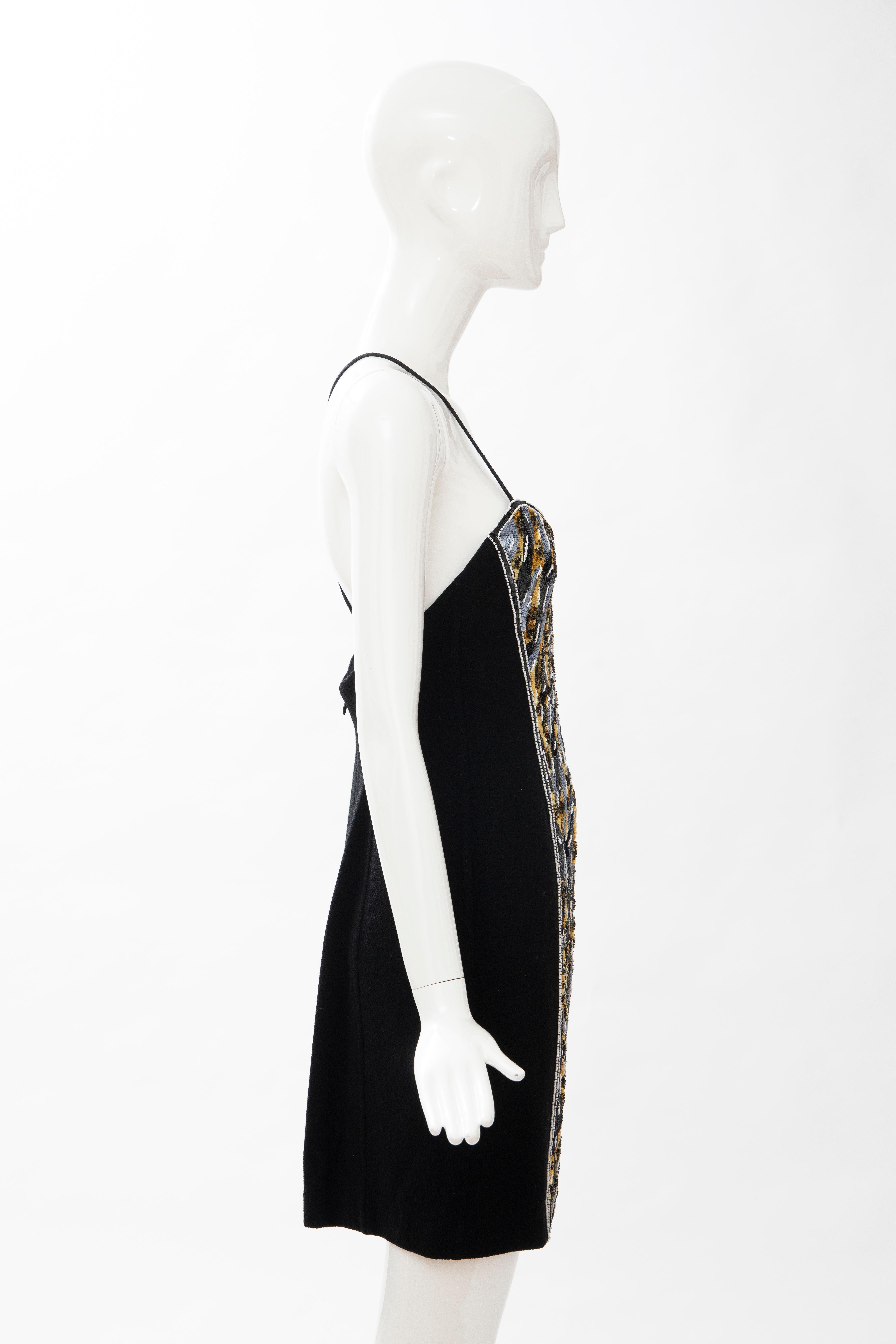 Geoffrey Beene Black Wool Crepe Embroidered Sequins Dress Ensemble, Circa 1990's For Sale 13