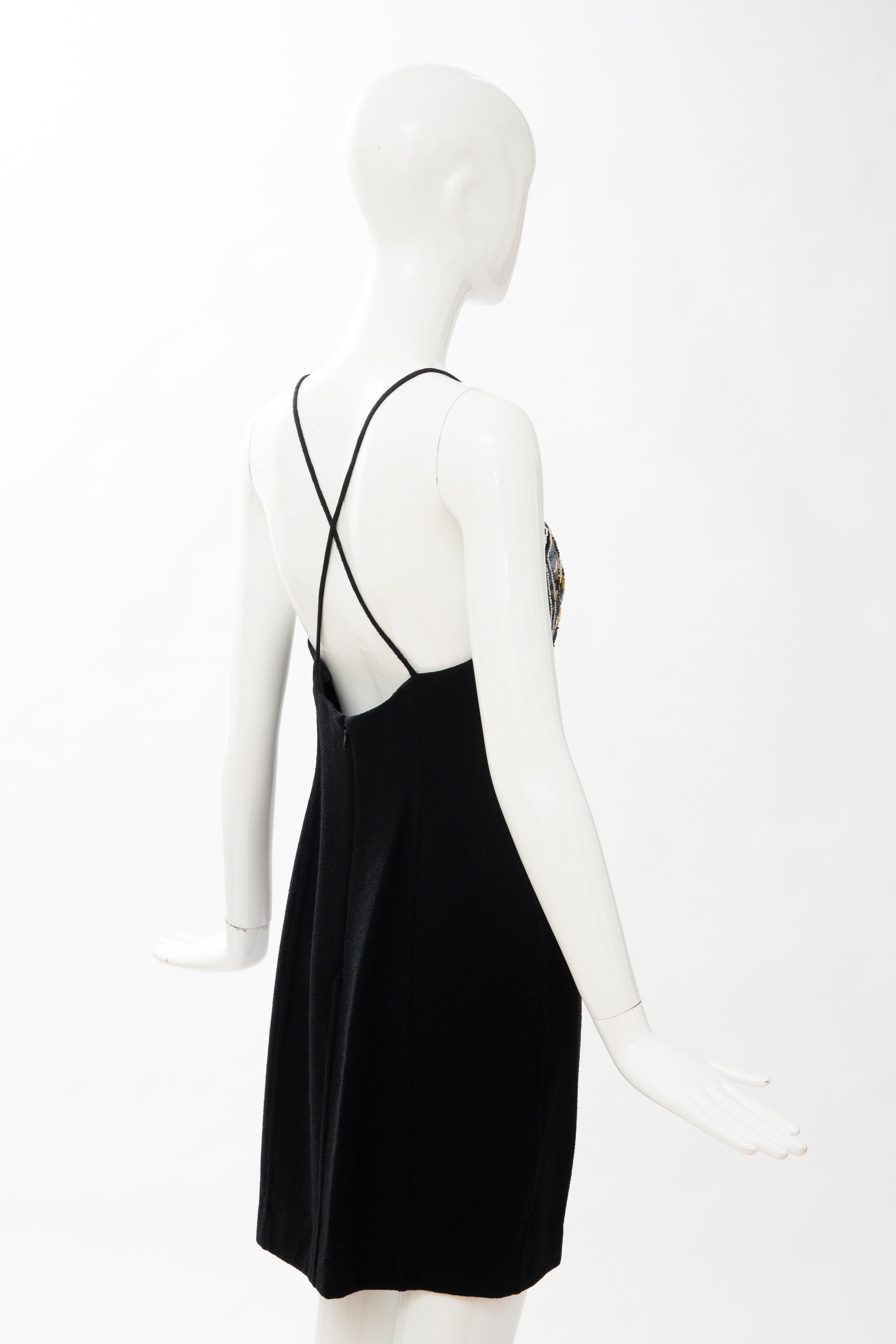 Geoffrey Beene Black Wool Crepe Embroidered Sequins Dress Ensemble, Circa 1990's For Sale 14