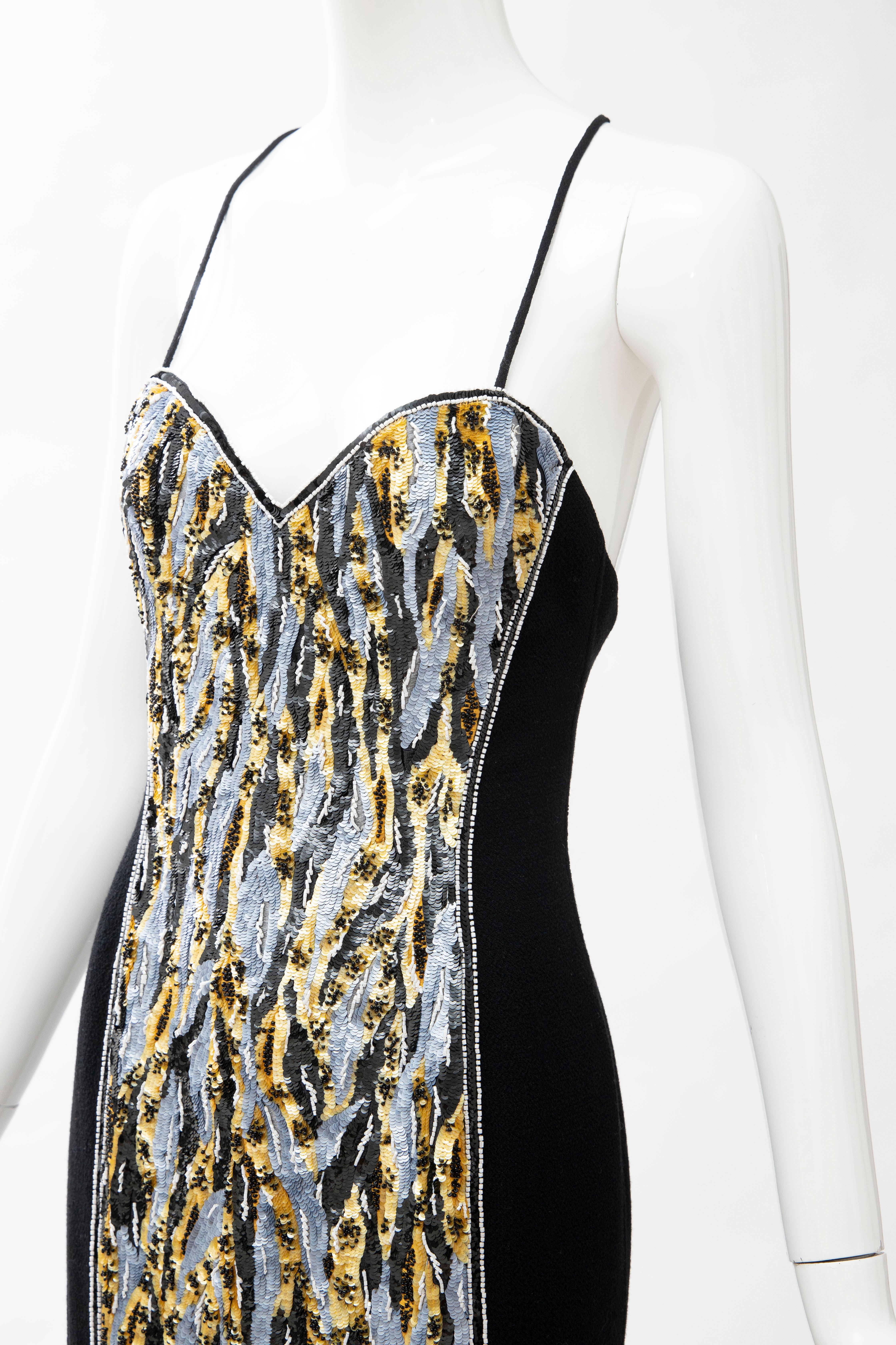 Geoffrey Beene Black Wool Crepe Embroidered Sequins Dress Ensemble, Circa 1990's For Sale 15