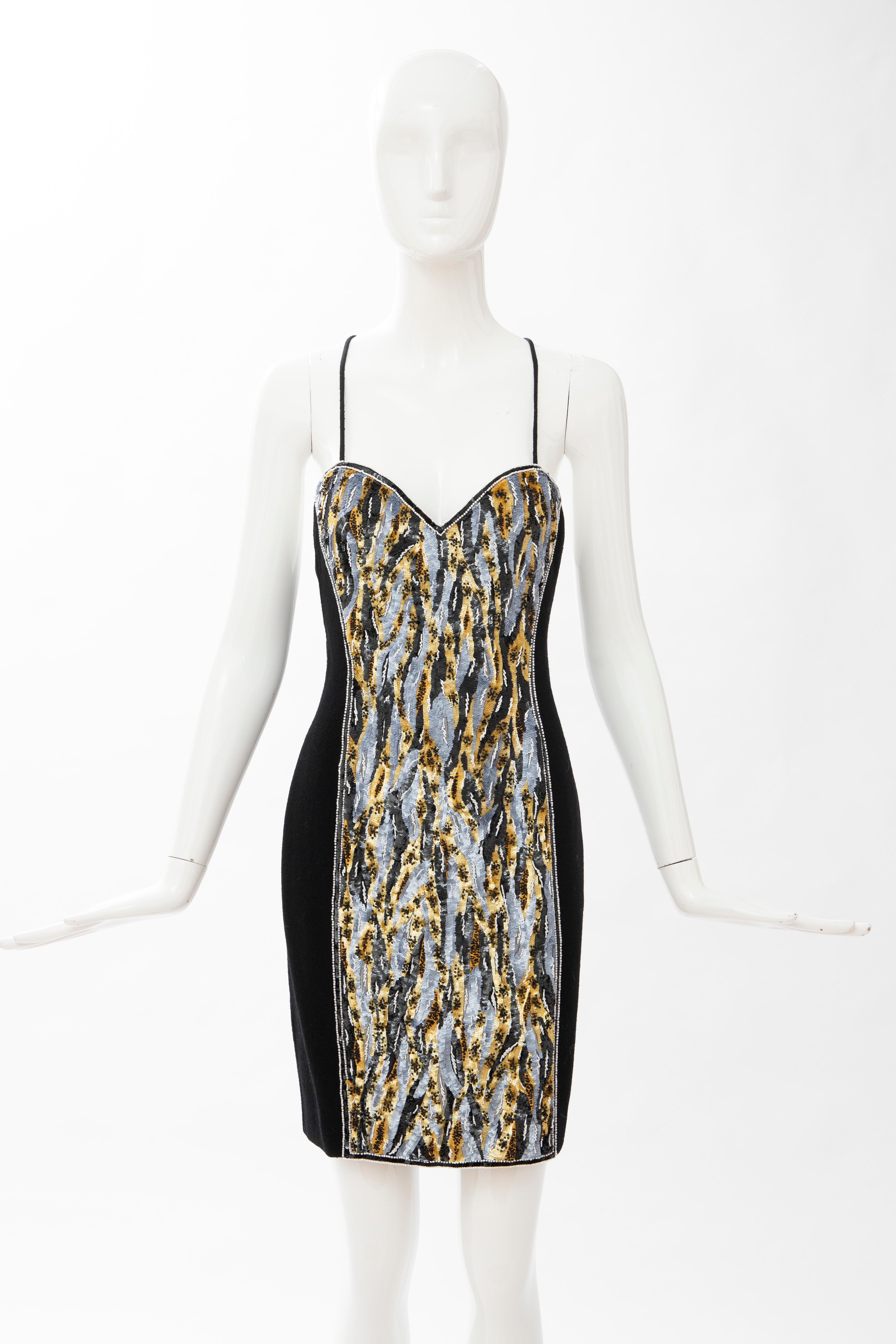 Geoffrey Beene, Circa: 1990's black wool crepe embroidered sequins dress ensemble.

The black wool crepe evening dress with embroidered white beads and black, gold, grey round sequins, back criss-cross spaghetti straps, silk interior front printed