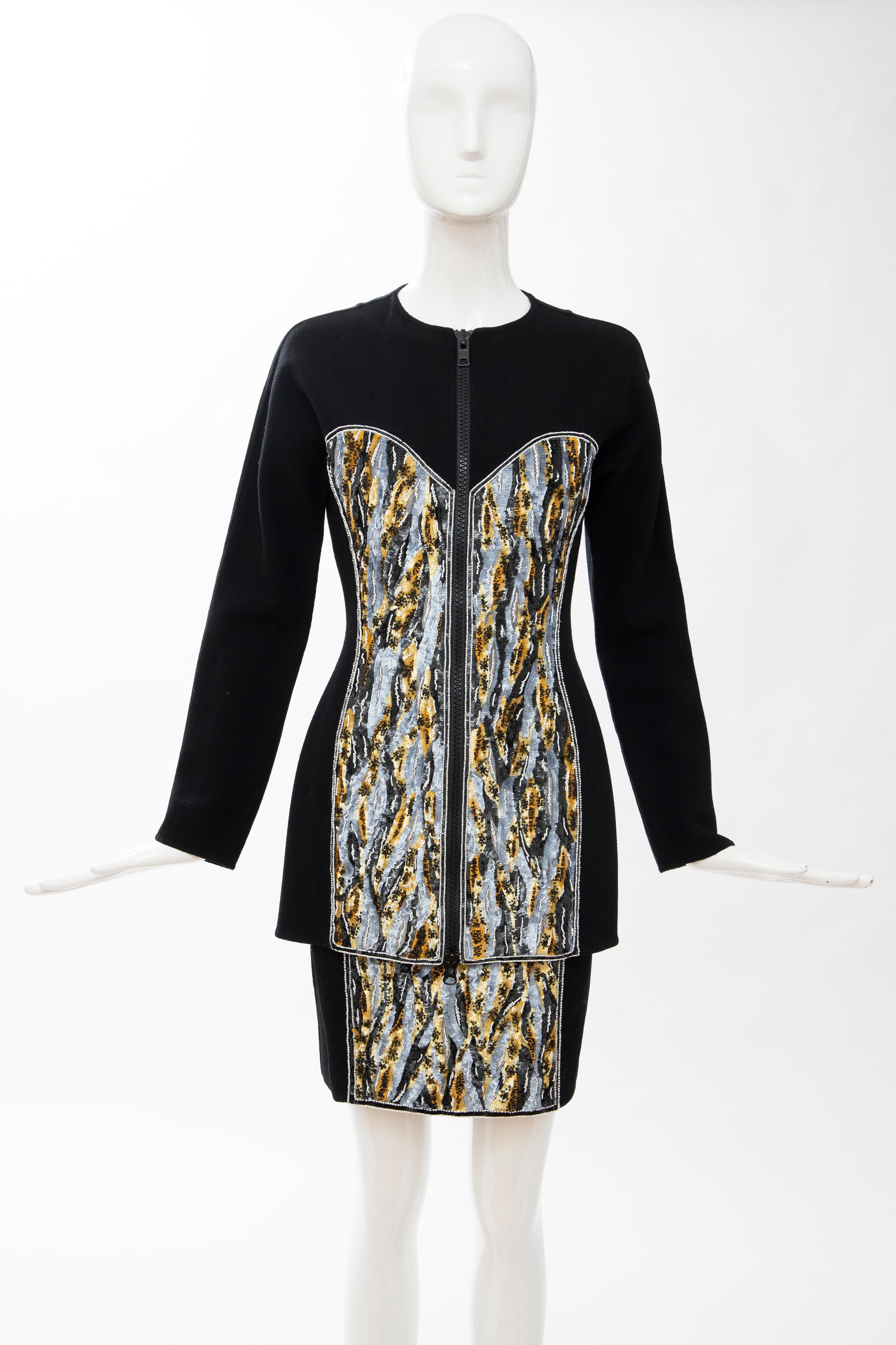 Geoffrey Beene Black Wool Crepe Embroidered Sequins Dress Ensemble, Circa 1990's In Excellent Condition For Sale In Cincinnati, OH