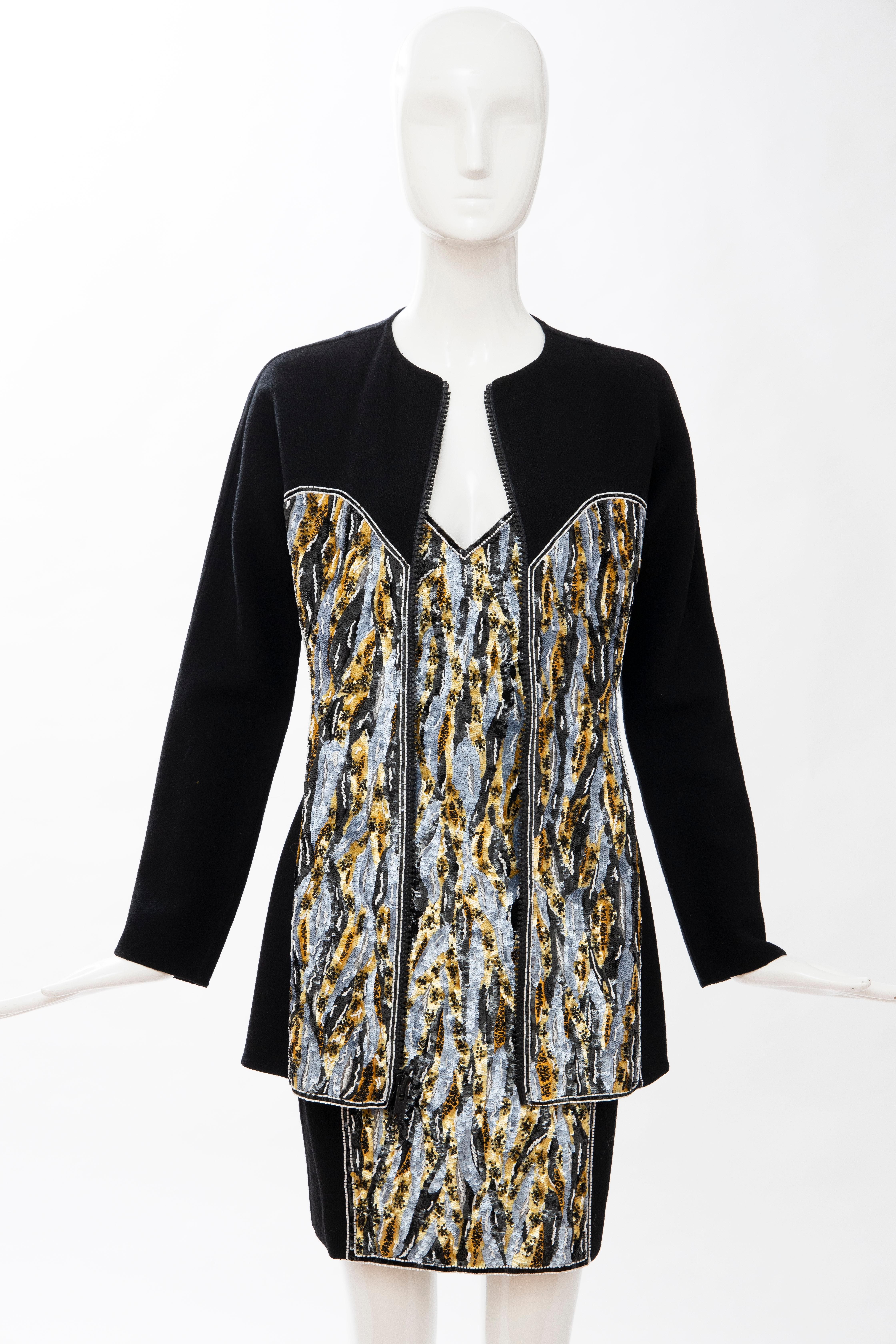 Geoffrey Beene Black Wool Crepe Embroidered Sequins Dress Ensemble, Circa 1990's For Sale 2