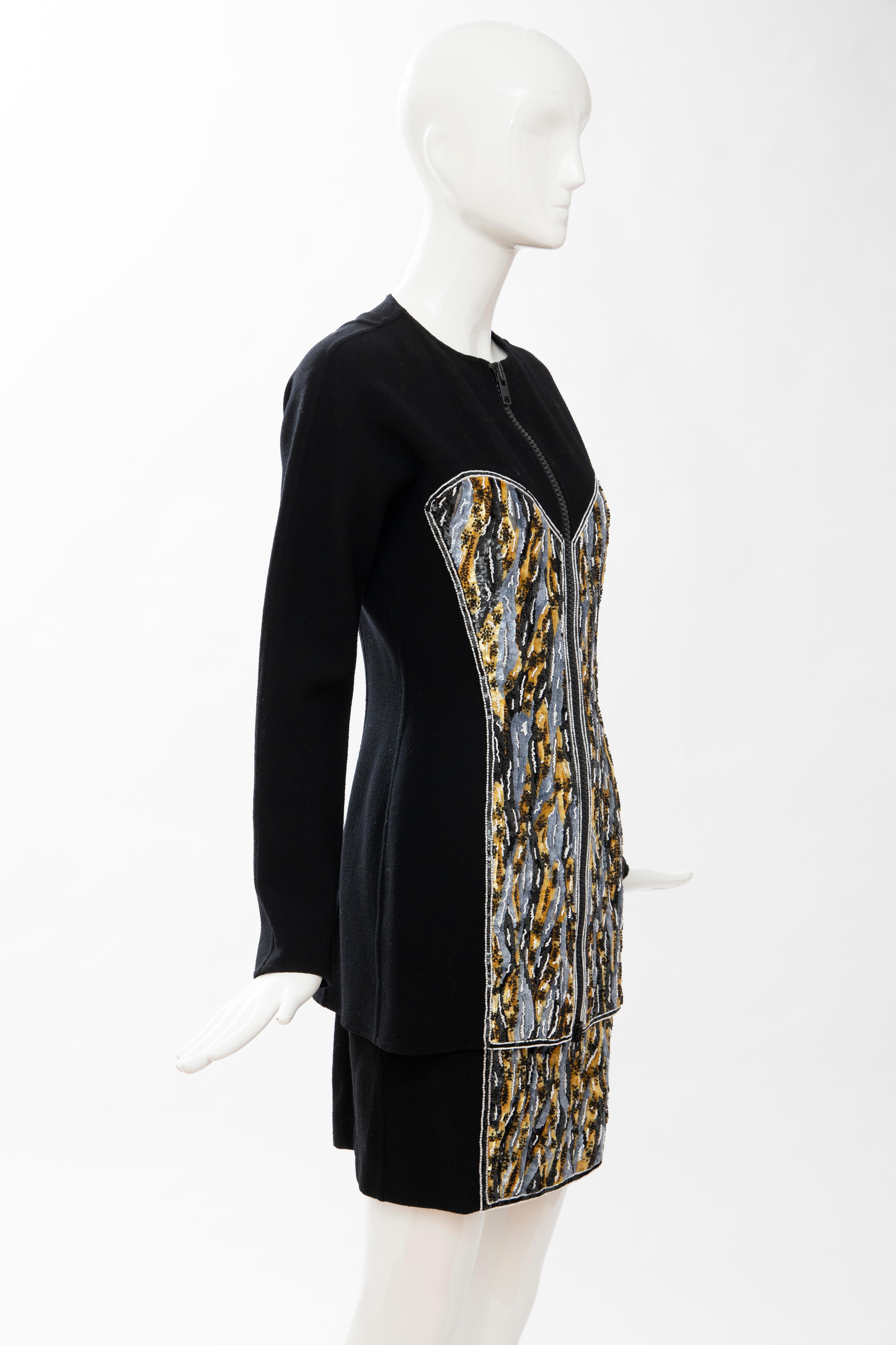 Geoffrey Beene Black Wool Crepe Embroidered Sequins Dress Ensemble, Circa 1990's For Sale 3