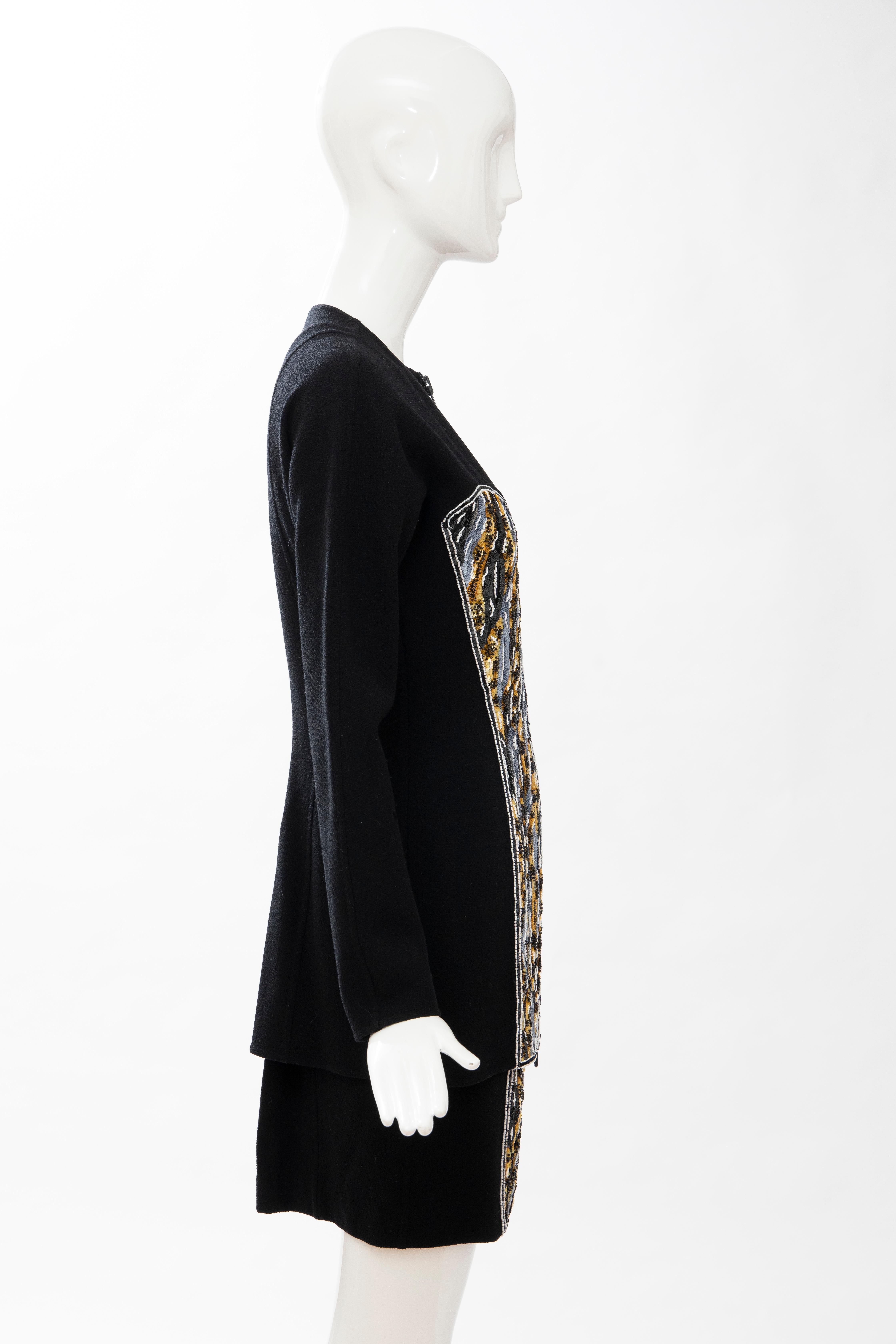 Geoffrey Beene Black Wool Crepe Embroidered Sequins Dress Ensemble, Circa 1990's For Sale 4