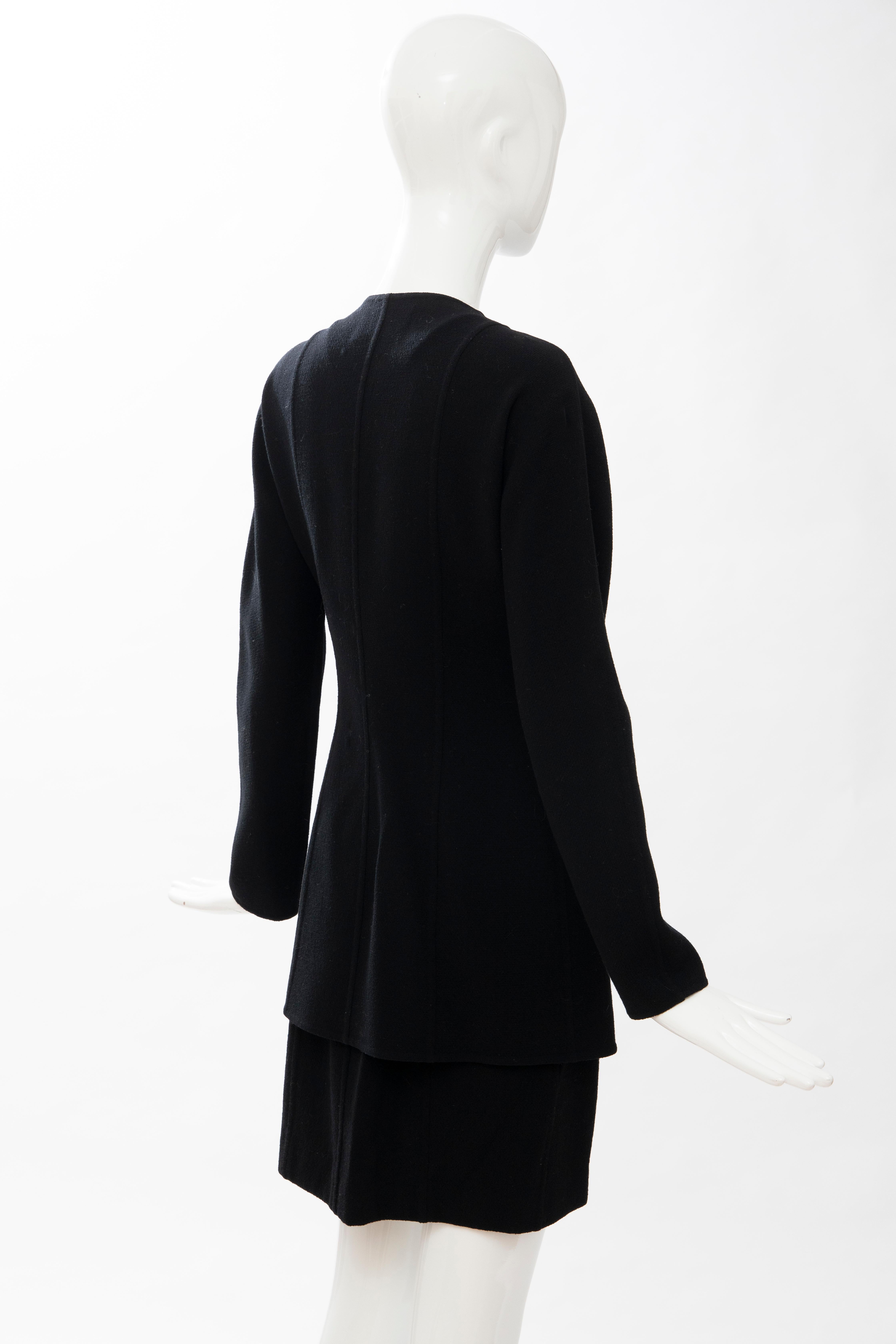 Geoffrey Beene Black Wool Crepe Embroidered Sequins Dress Ensemble, Circa 1990's For Sale 5