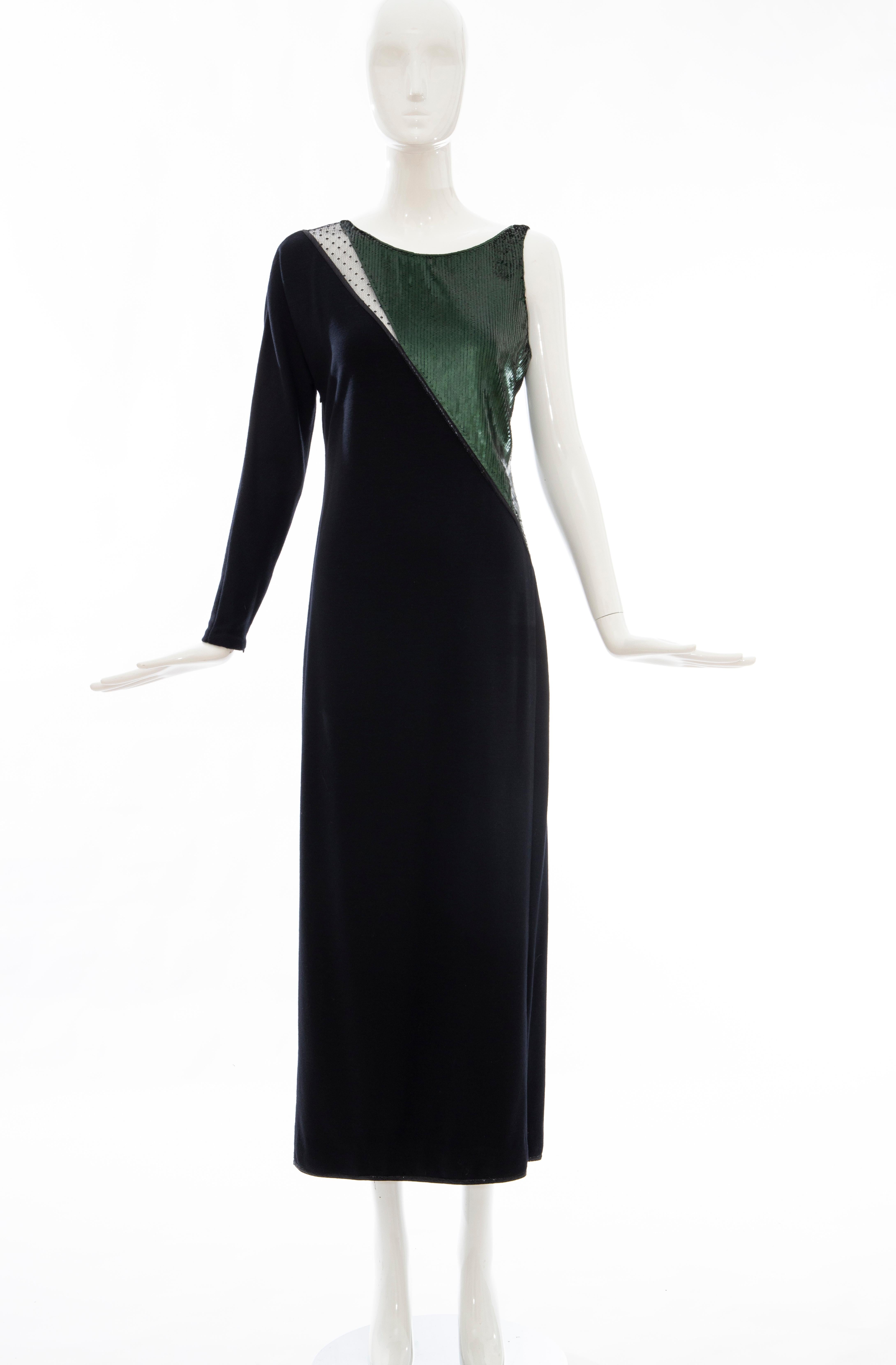 Geoffrey Beene Black Wool Jersey Embroidered Sequins Evening Dress, Fall 1991 In Excellent Condition For Sale In Cincinnati, OH